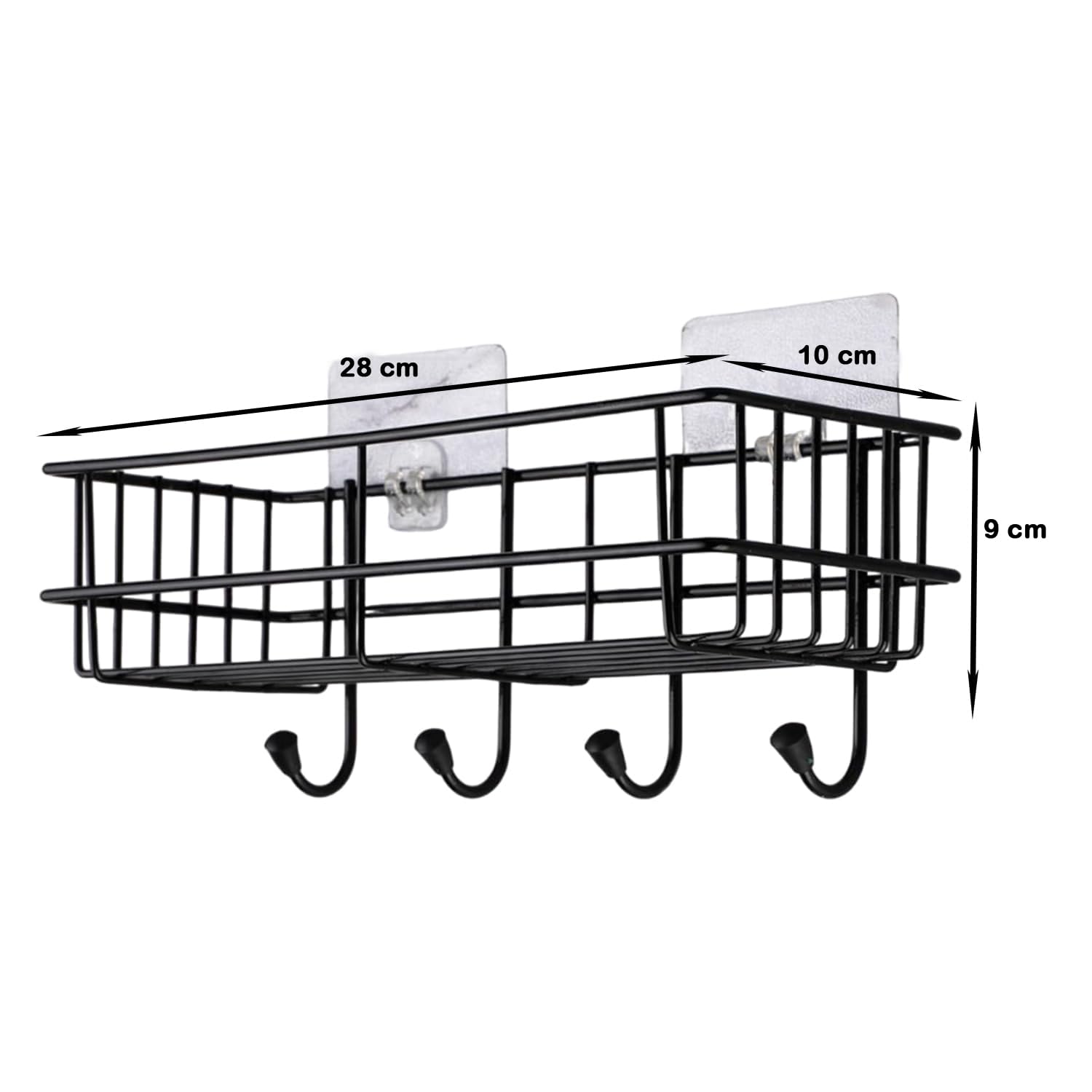 iSTAR GI Steel Self-Adhesive Bathroom Shelf with Hooks - Wall Mounted Towel Holder & Storage Rack - Space Saving Bathroom Organizer for Shower, Toilet & Kitchen (Black, Powder Coated, Pack of 1)
