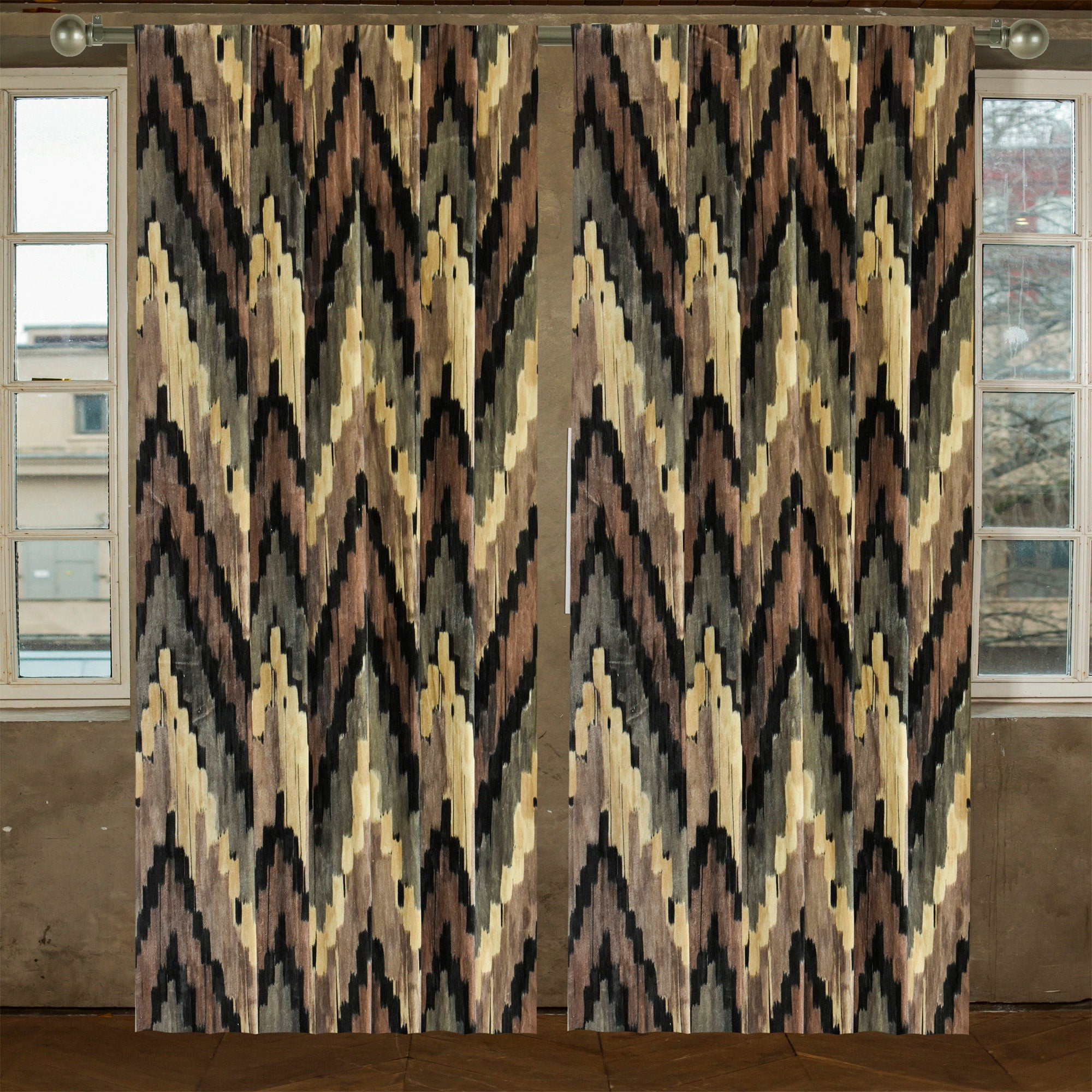 Beige and Brown Chevron Print Velvet Curtain Panels - Blackout Window Drapes for Living Room, Bedroom & Home Decor