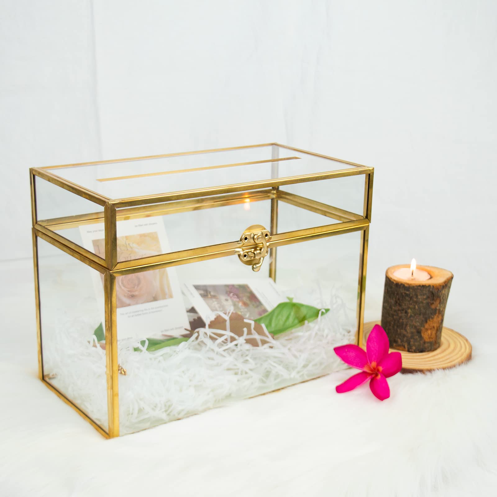 Elegant Gold Glass Card Holder - Rectangle Wedding Envelope Box with Slot & Foot, Perfect for Reception, Party Centerpiece, Gift Card Display & Home Decor