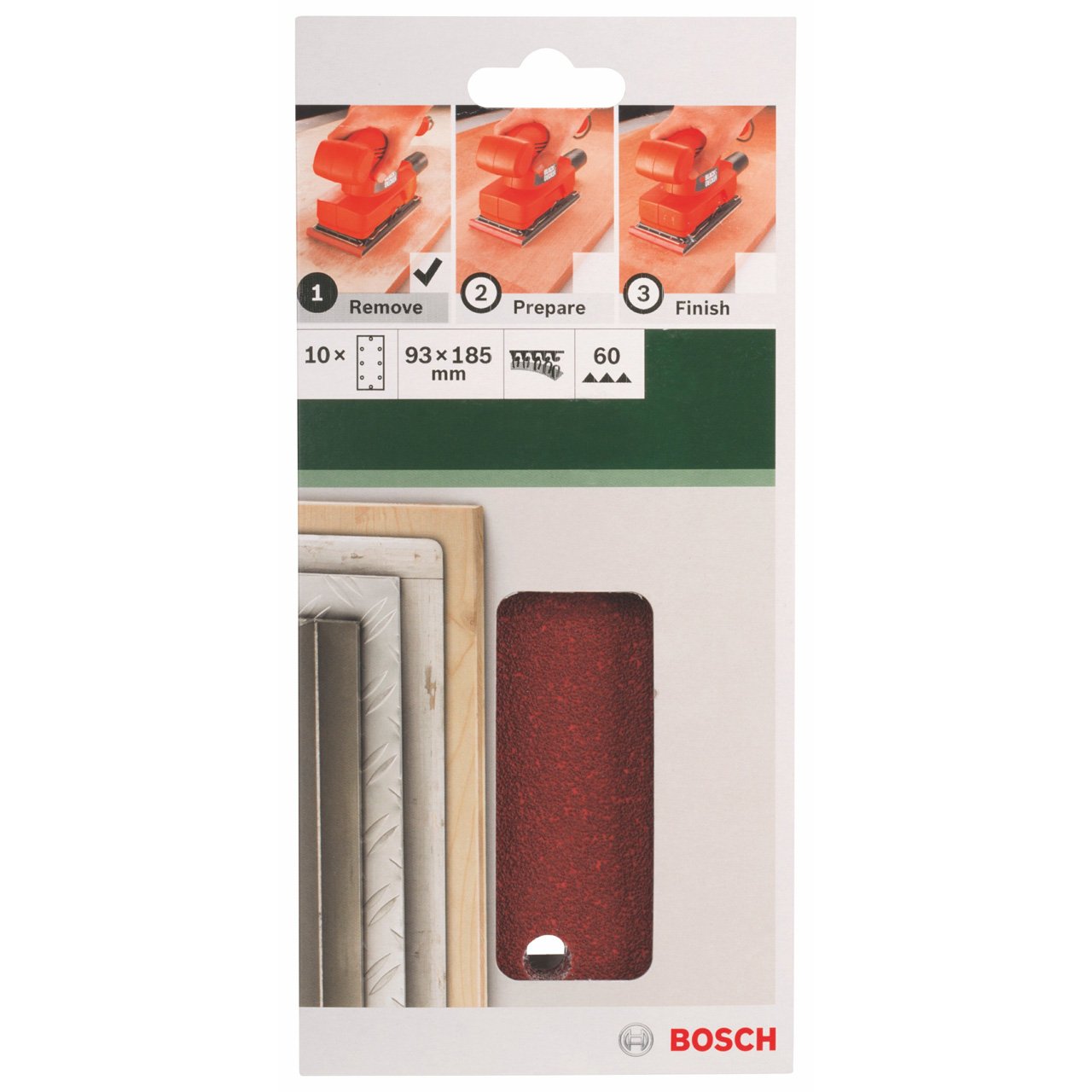 Bosch 2609256A88 10-Pack Sanding Sheets for Black + Decker Orbital Sanders | 93 x 185 cm | 8 Holes | 60 Grit | Ideal for Woodworking & Surface Preparation