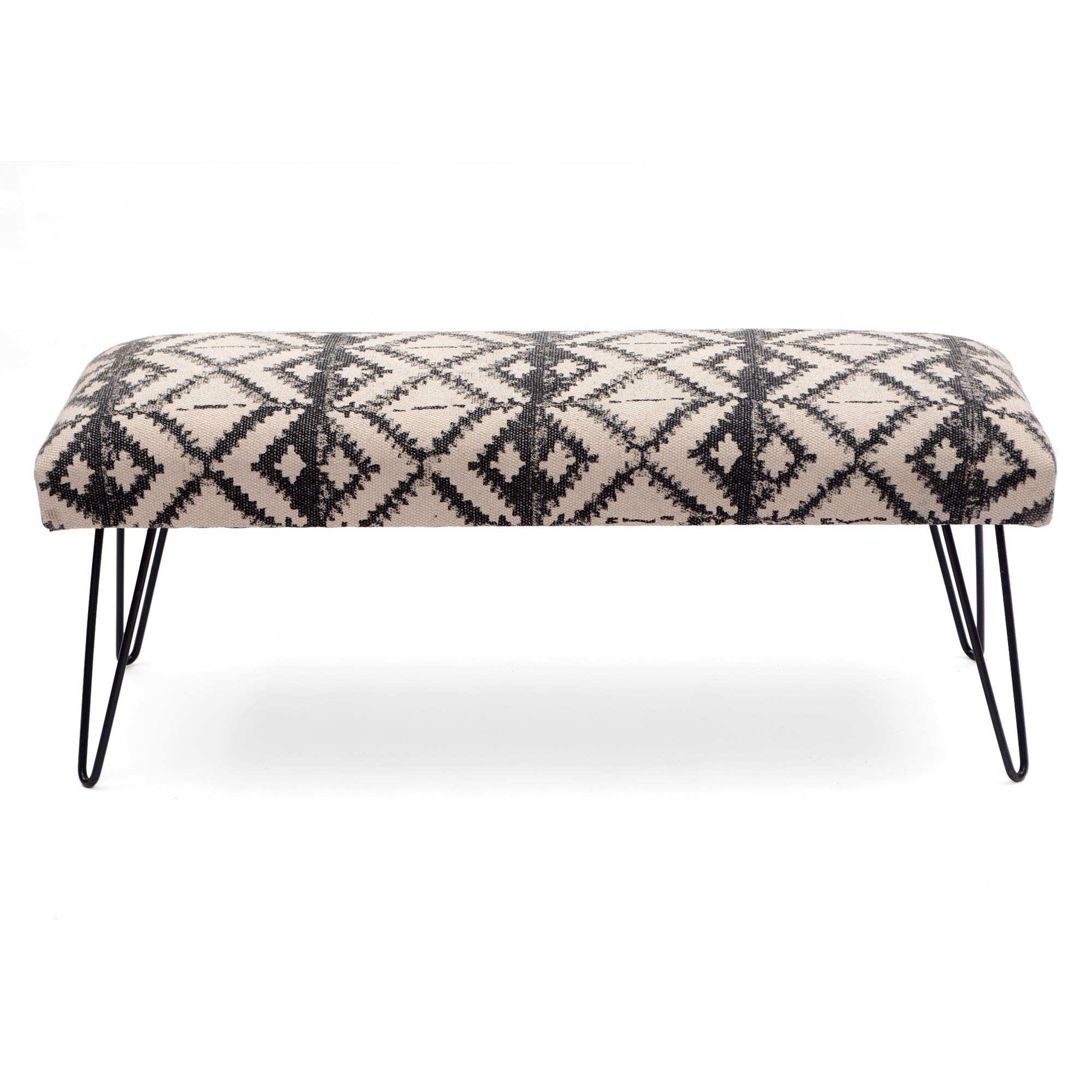Black Powder Coated Cotton Upholstered Bench with KD Legs - Grey & Off White Fabric Storage Ottoman for Living Room, Bedroom & Entryway - Perfect for Seating, Footrest & Home Decor