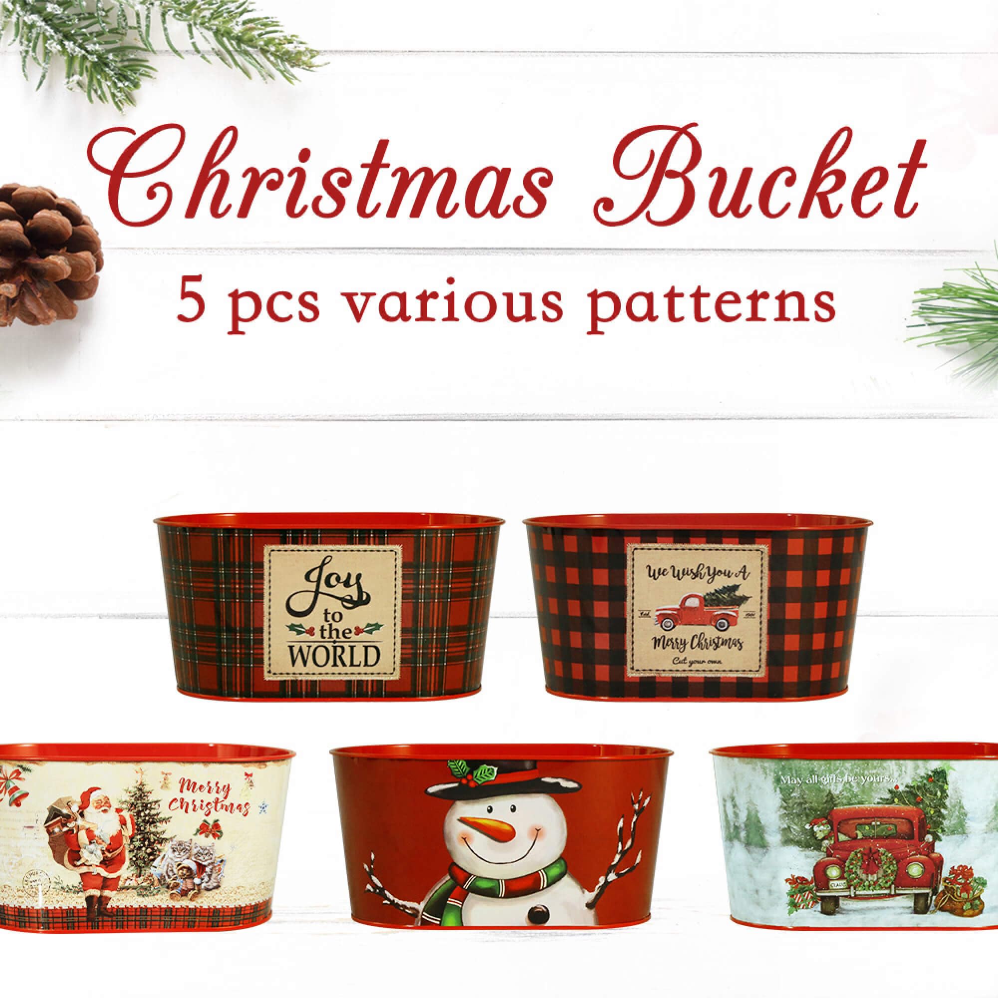Christmas Metal Buckets - 5 Pack Galvanized Tin Pails for Holiday Decor & Table Centerpieces (7.9