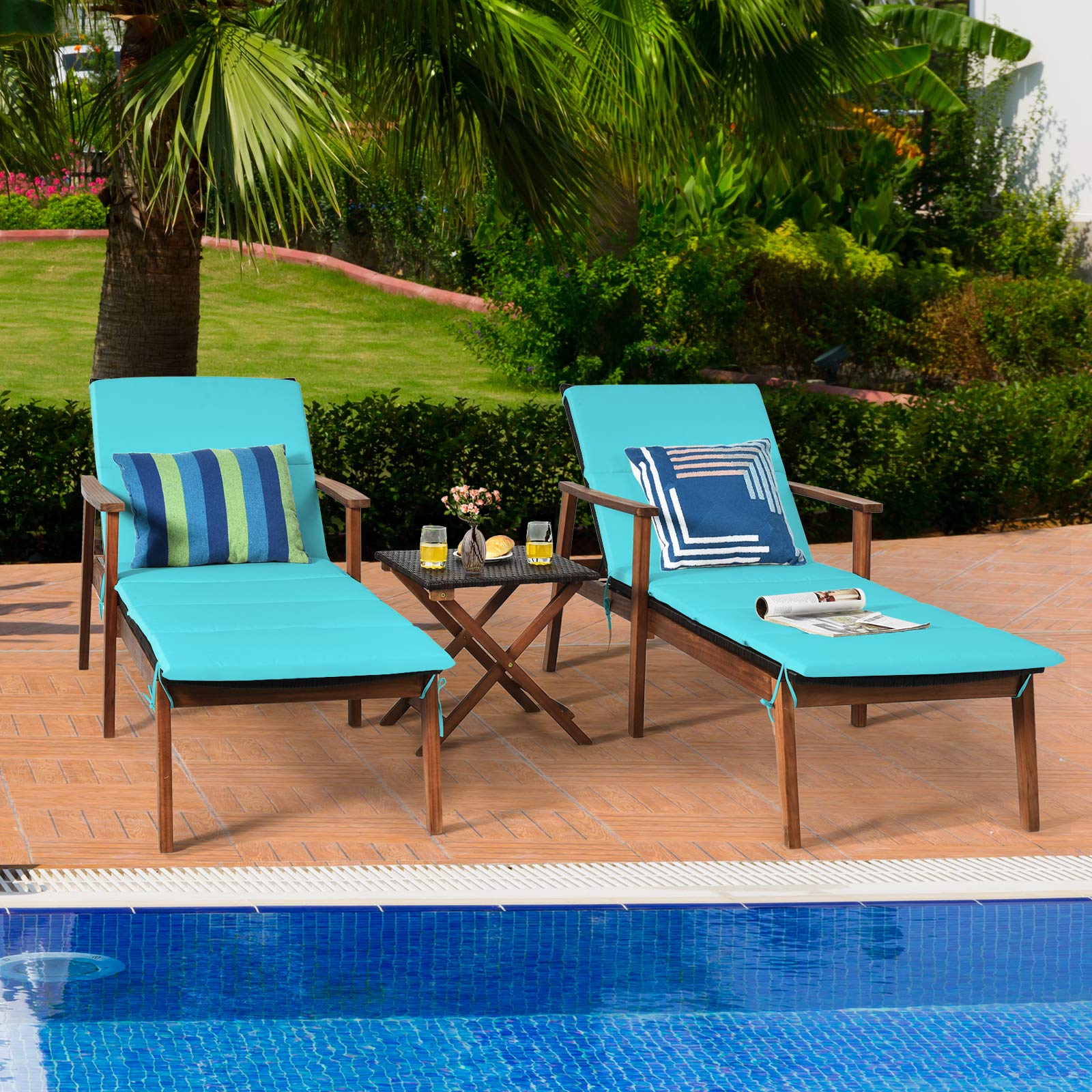 Tangkula 3-Piece Patio Chaise Lounge Set - Acacia Wood Outdoor Reclining Chairs with Adjustable Back (4 Positions), Folding Side Table & Cushions - Rattan Furniture for Poolside, Backyard, Garden, or Beach (Turquoise)