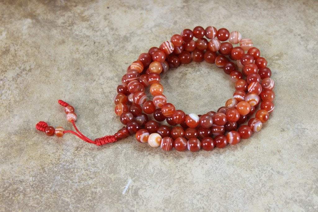 108 Bead Striped Red Agate Tibetan Mala Prayer Necklace - Buddhist Meditation Beads for Yoga, Mindfulness & Spiritual Healing