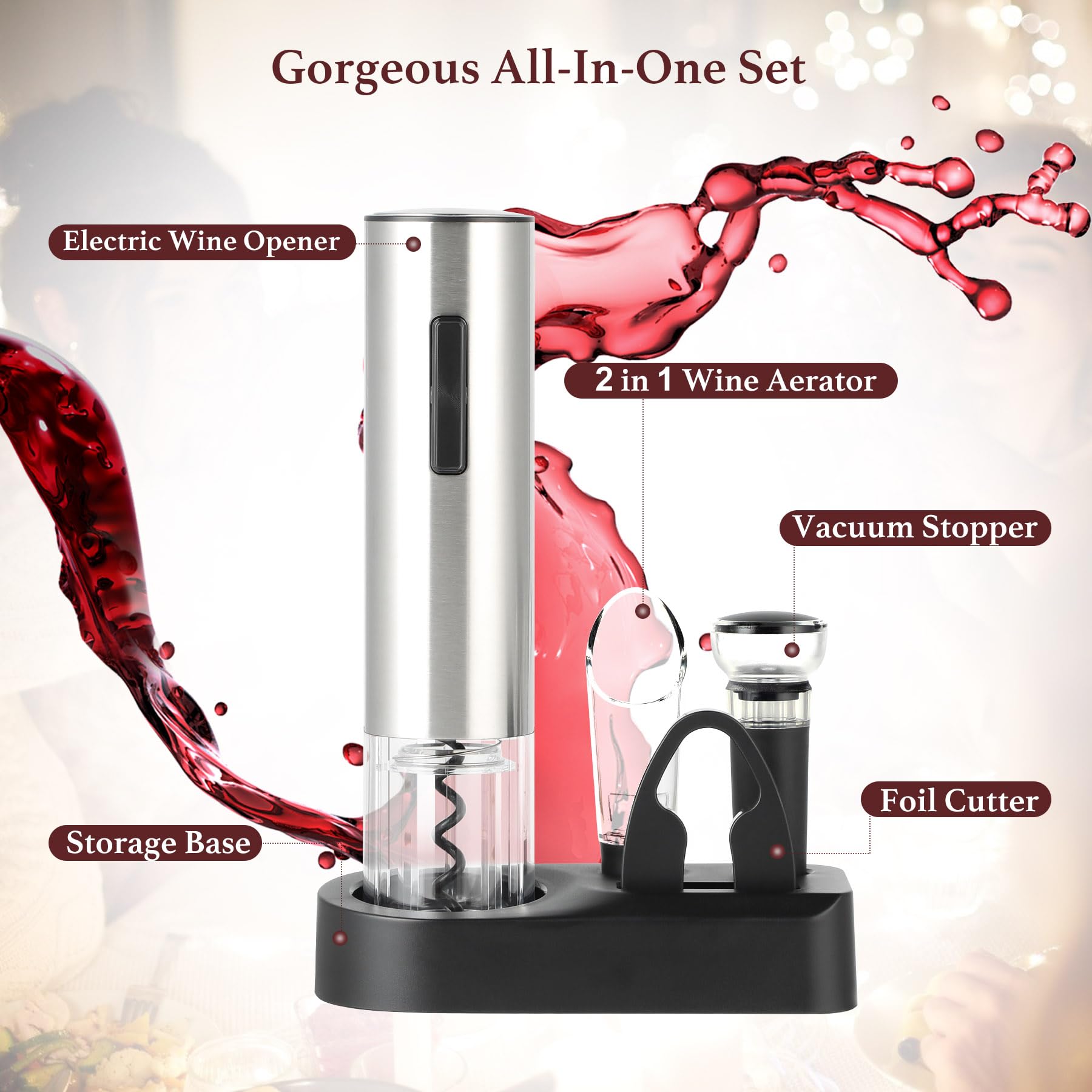 Rechargeable Electric Wine Opener Set - Automatic Cordless Stainless Steel Wine Bottle Opener with Stand, Foil Cutter, Pourer & Vacuum Stopper | Perfect Gift for Wine Lovers, Dinner Parties & Home Bars
