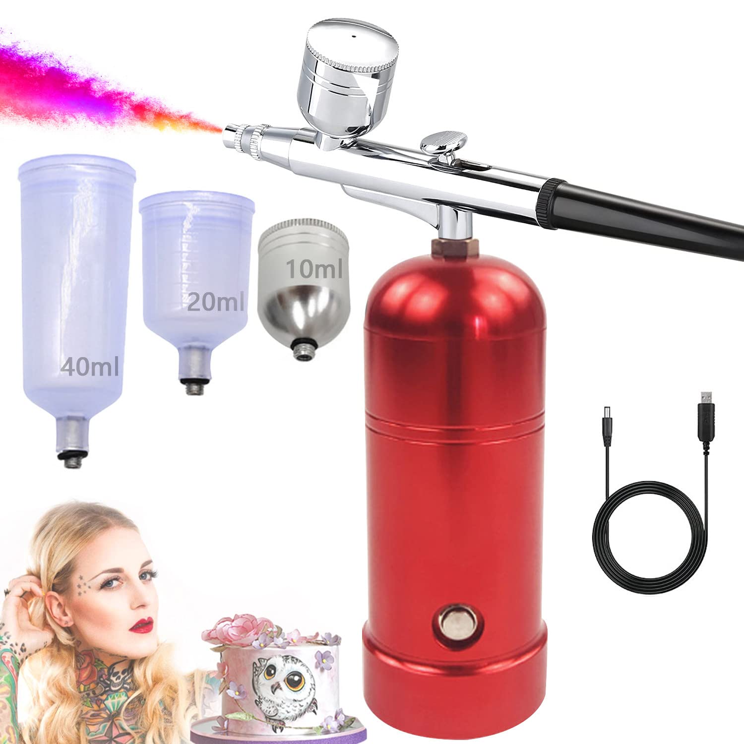 Professional USB Rechargeable Airbrush Kit with Mini Compressor - Portable Makeup, Tattoo, Nail Art & Cake Decorating Tool for Face Painting, Model Design & Body Art | Perfect for Home DIY, Cosplay & Professional Beauty Applications (Red)