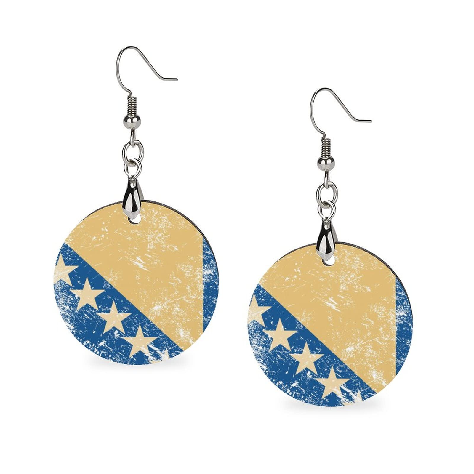 Vintage Bosnia and Herzegovina Flag Wooden Dangle Earrings - Handmade Boho Circle Pendants with Alloy Hook for Women | Perfect for Festival, Travel & Patriotic Outfits
