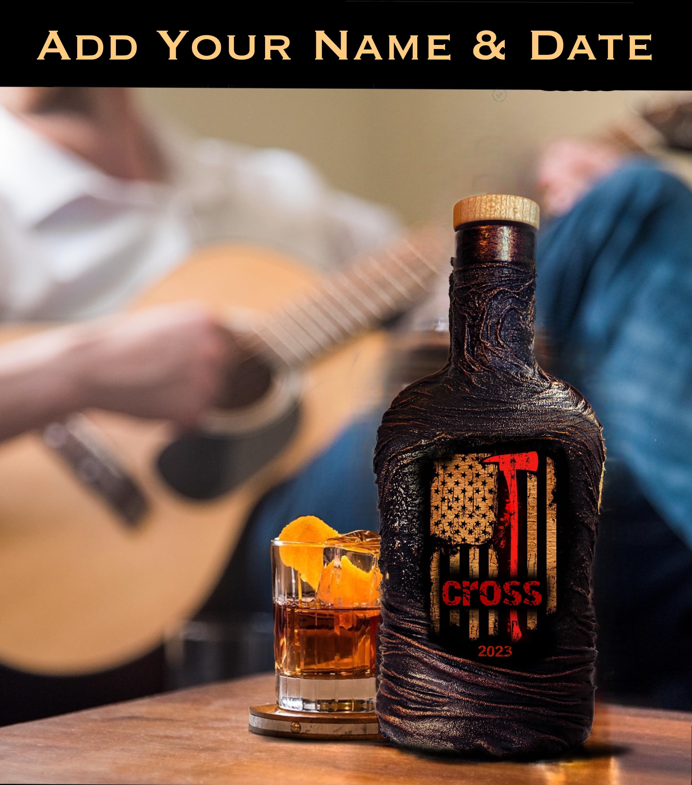 Personalized Firefighter Whiskey Decanter Set with 2 Glasses & Engraved Slate Board - Custom Fireman Axe Design & Thin Red Line USA Flag - Retirement, Anniversary, Graduation Gift for Men - Elegant Gift Box - Perfect for Home Bars, Man Caves & Firefighter Themed Parties