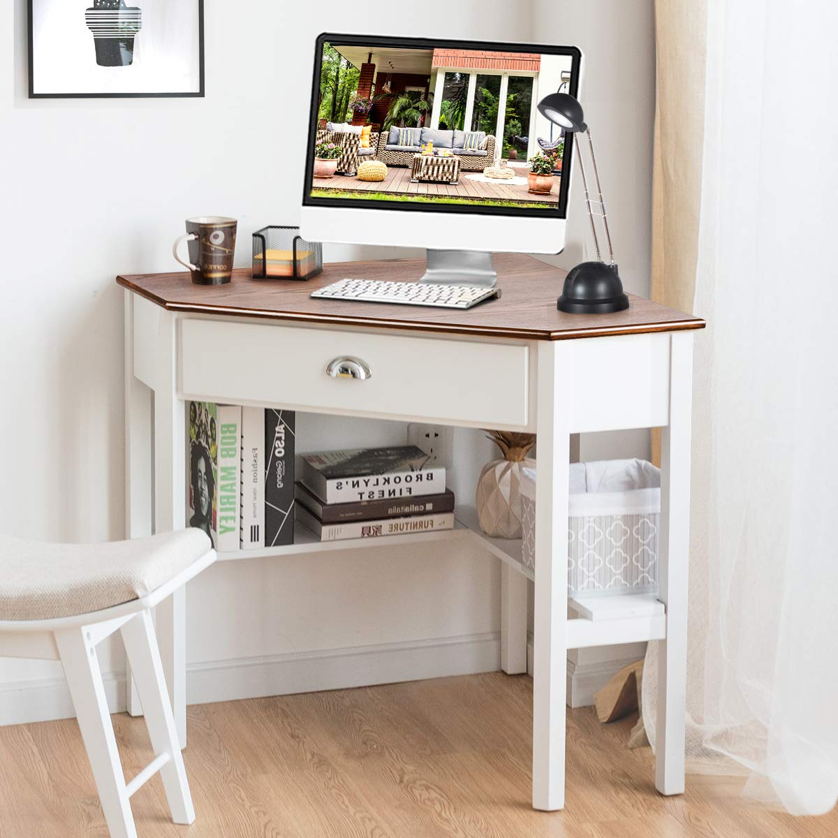 Tangkula 90-Degree Corner Desk with Drawer & Storage Shelves - Compact Computer Desk & Makeup Vanity for Small Spaces (Natural & White) - Perfect for Home Office, Dorm Room & Bedroom Workspace