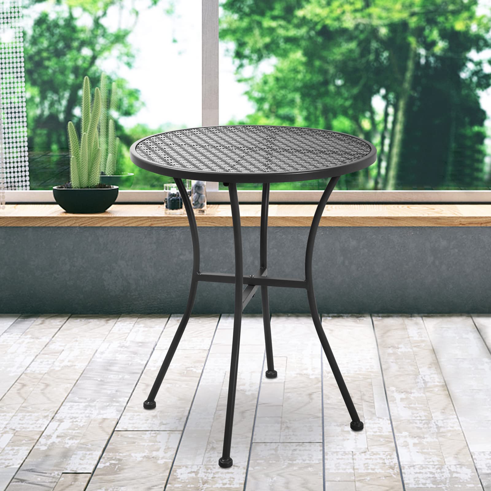 Black Steel Metal Round Outdoor Patio Coffee Table - Durable Garden, Deck, Poolside Furniture for Relaxing & Entertaining