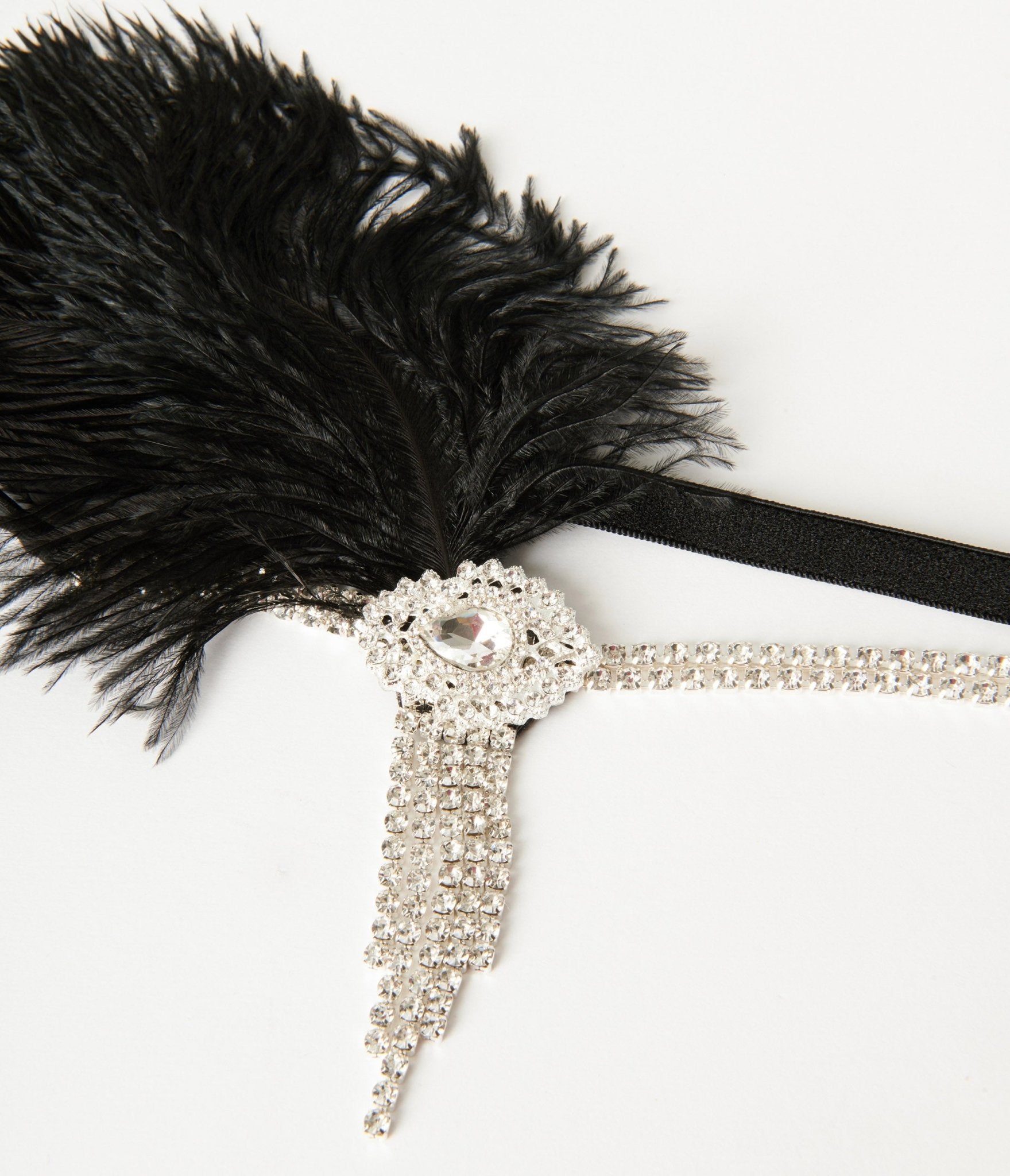 Vintage 1920s Silver Rhinestone & Black Feather Headband for Women - Roaring 20s Gatsby Party, Flapper Costume, Wedding, and Special Occasion Accessory