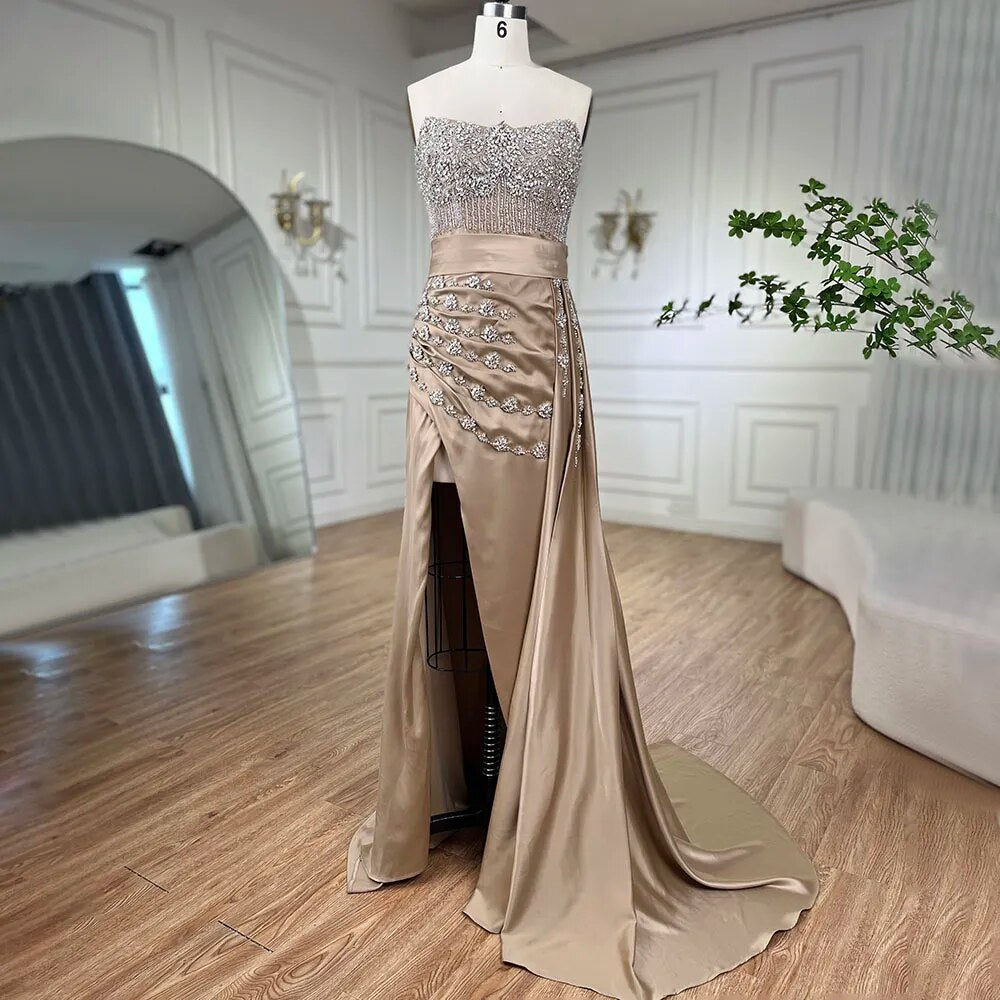 Elegant Strapless Crystal Beaded Mermaid Evening Gown with High Split & Skirt for Women - Perfect for Prom, Wedding, and Formal Parties 2025