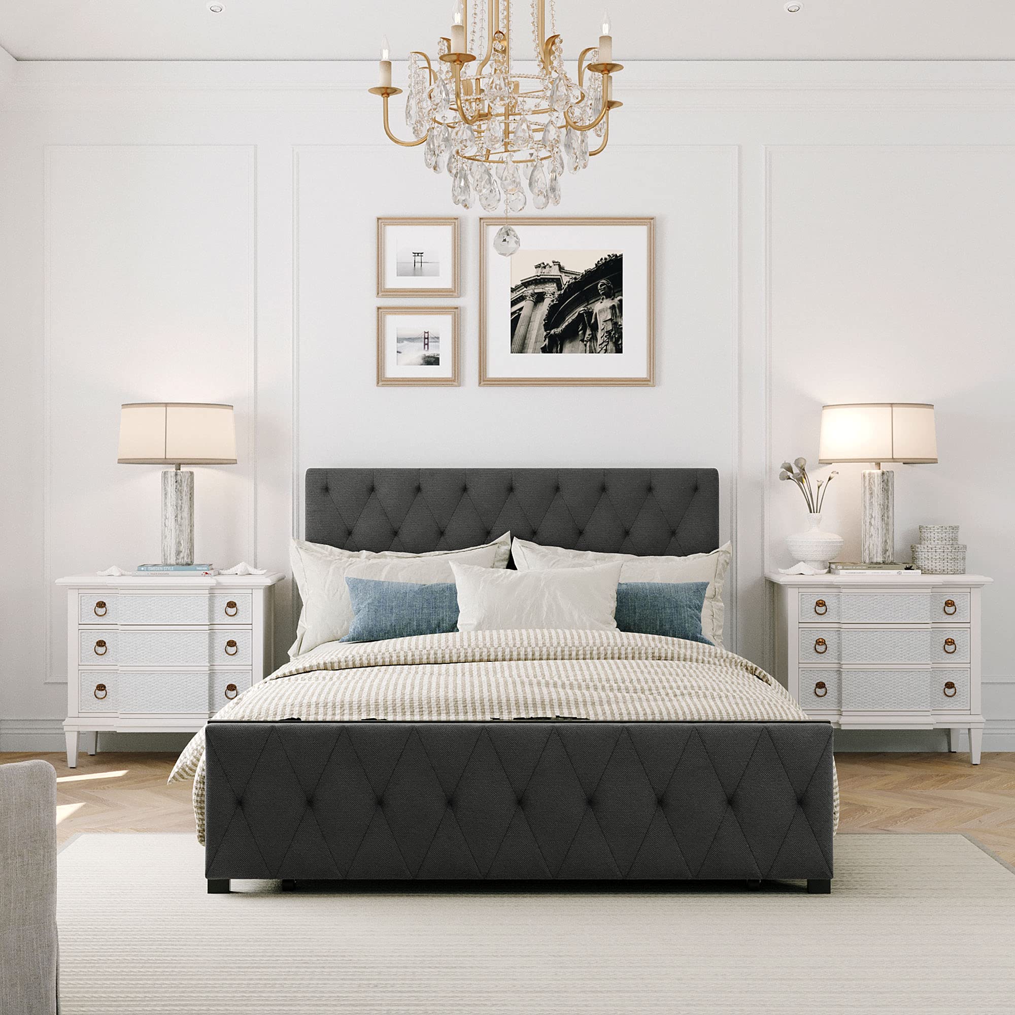 Knocbel Full Size Metal Platform Bed Frame with Linen Upholstered Headboard & Storage Drawers - 13 Heavy Duty Slats, No Box Spring Needed - Sturdy Mattress Foundation for Bedroom, Guest Room, Dorm - Easy Assembly Modern Bed Frame with Underbed Storage