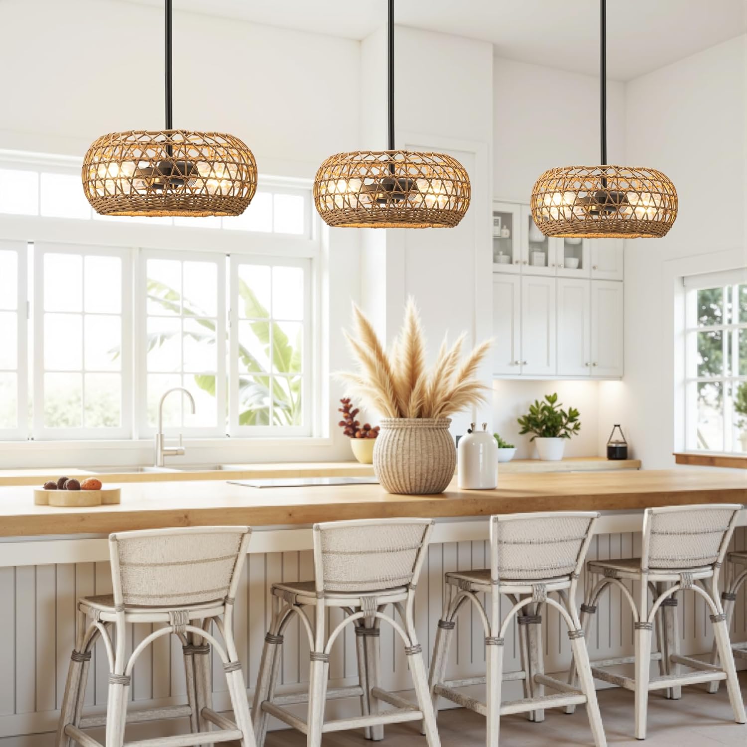 Boho Rattan Chandelier - 11.8 Inch Hand Woven 2-Light Pendant Hanging Fixture for Dining Room, Bedroom & Patio Lighting