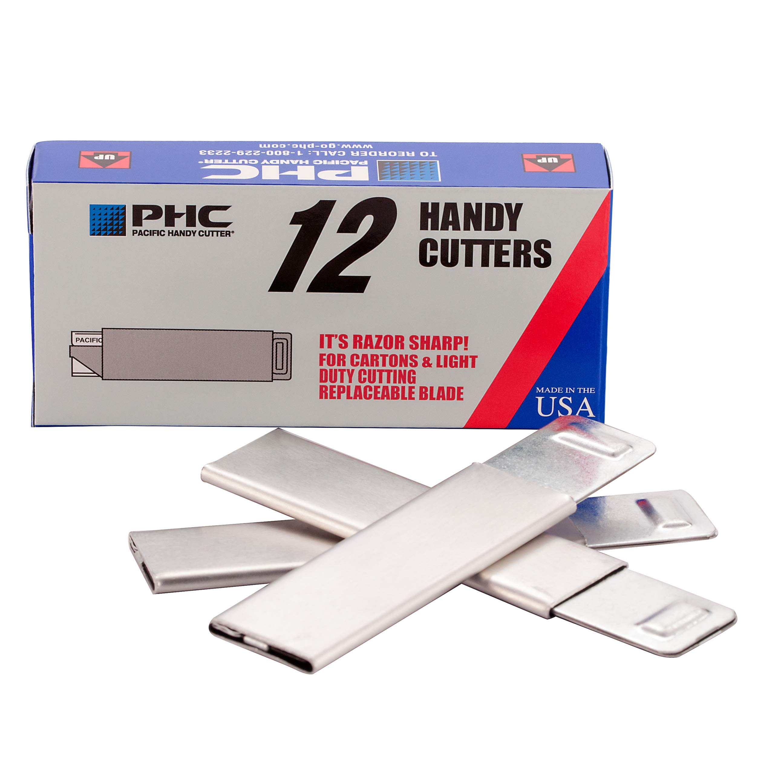 Pacific Handy Cutter HC100 Tap-Open Box Cutter with RB009 Industrial Razor Blades - 12 Cutters & 100 Ultra Sharp Blades for Packaging, Shipping, Warehouse, and DIY Projects