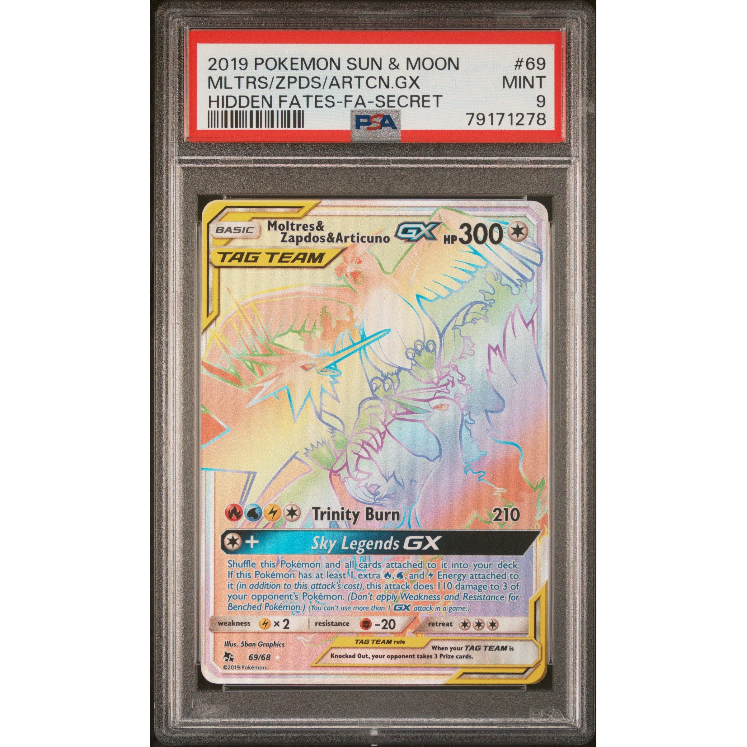 2019 Pokemon Hidden Fates Moltres Zapdos Articuno GX 69/68 PSA 9 Graded Card - Collectible Trading Card for Pokemon Fans & TCG Players (Perfect for Display, Investment, or Battling)