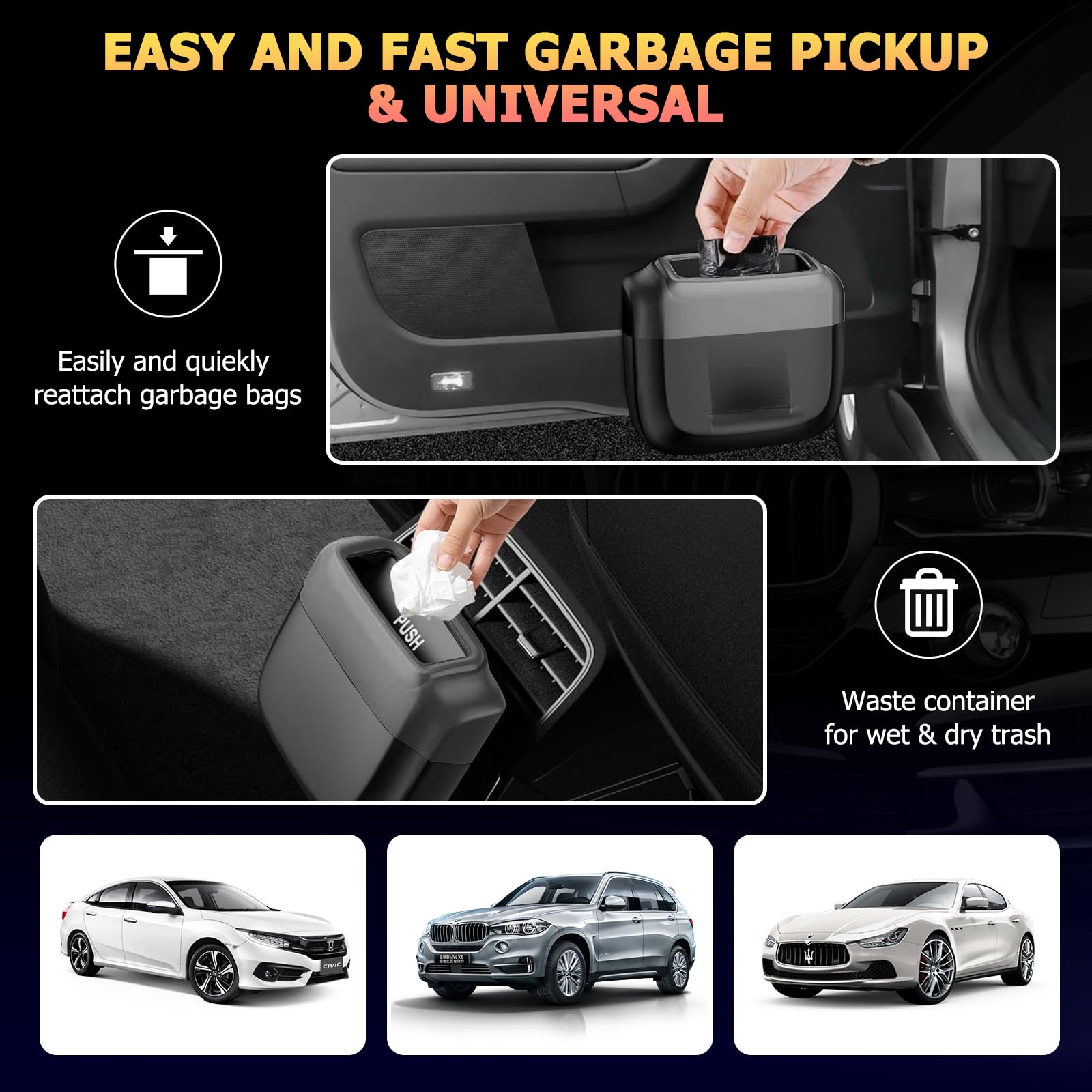 Car Trash Can with Lid - Built-in Storage Garbage Bag Holder | Vehicle Trash Bin for Car Interior | Mini Waste Basket for Auto, Home, Office & Kitchen | Includes 30pcs Trash Bags | Perfect for Road Trips, Commuting & Workspaces