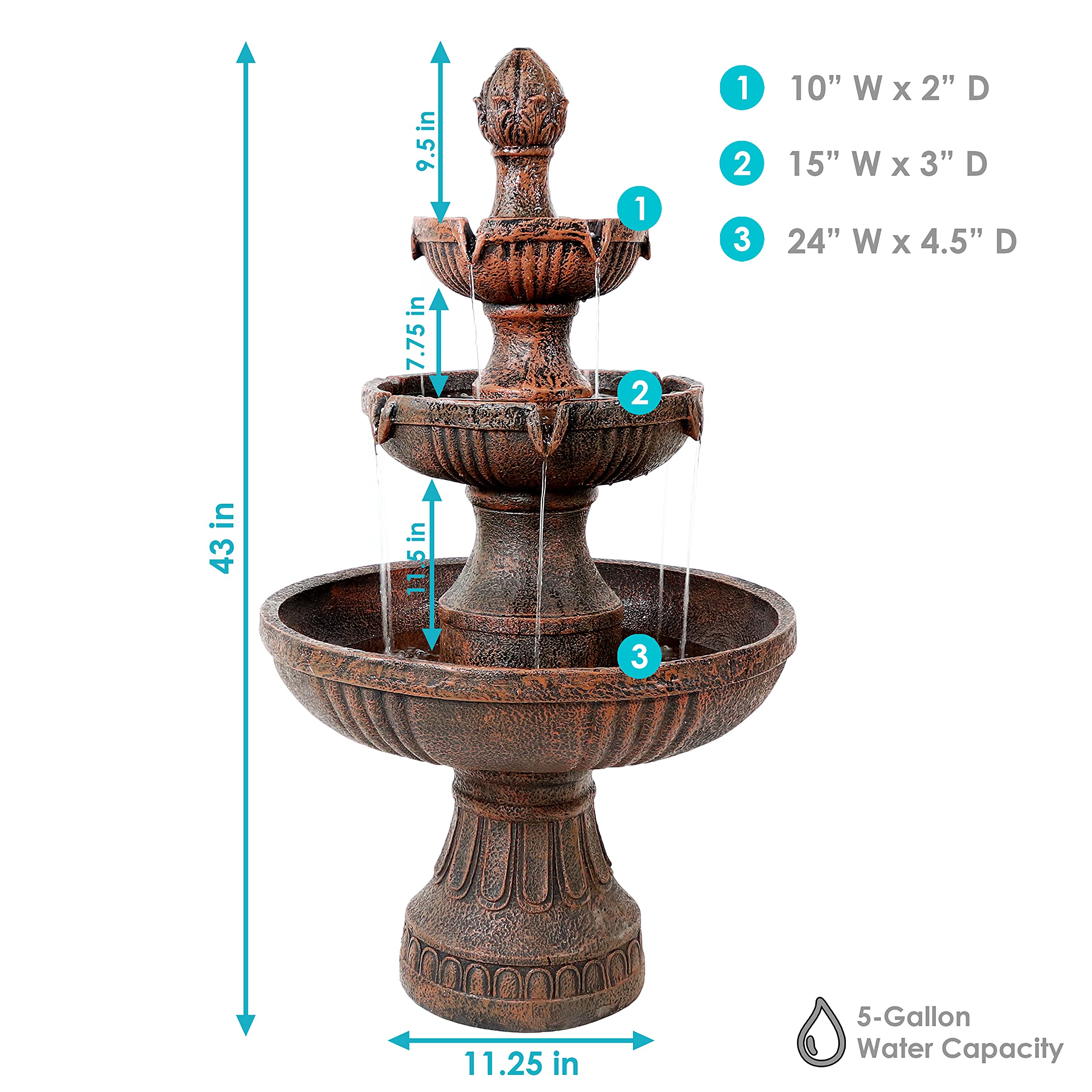Sunnydaze 43-Inch 3-Tier Electric Water Fountain with Flower Blossom Design - Outdoor Garden Water Feature in Earth Finish - Perfect for Patio, Yard, and Landscape Decor