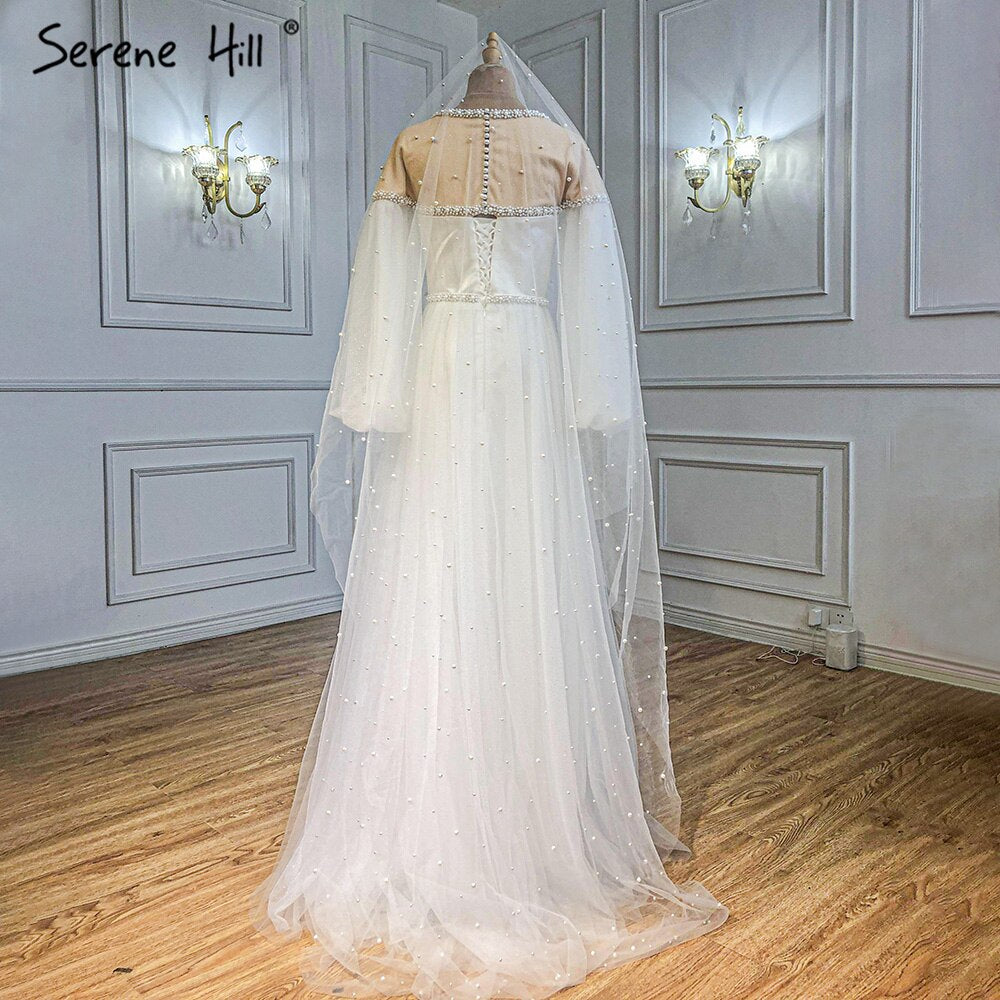 Serene Hill Ivory A-Line Sexy Evening Dresses for Women 2025 - Beaded Pearl Lantern Sleeve Gowns for Parties, Prom & Formal Events | LA71190
