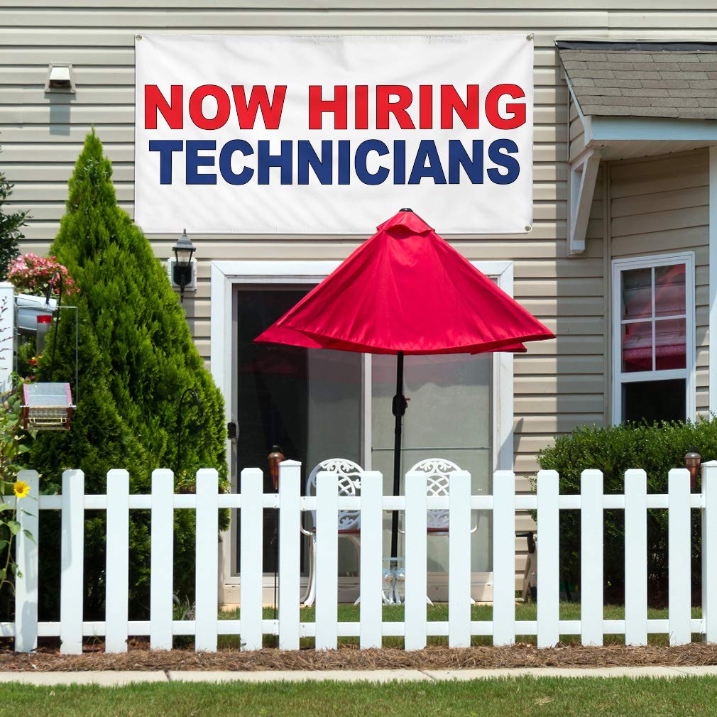 Now Hiring Technicians Vinyl Banner - 48x96 Inches Weatherproof Outdoor Business Sign with 8 Grommets (Red/Blue) - Perfect for Job Fairs, Construction Sites & Industrial Yard Advertising