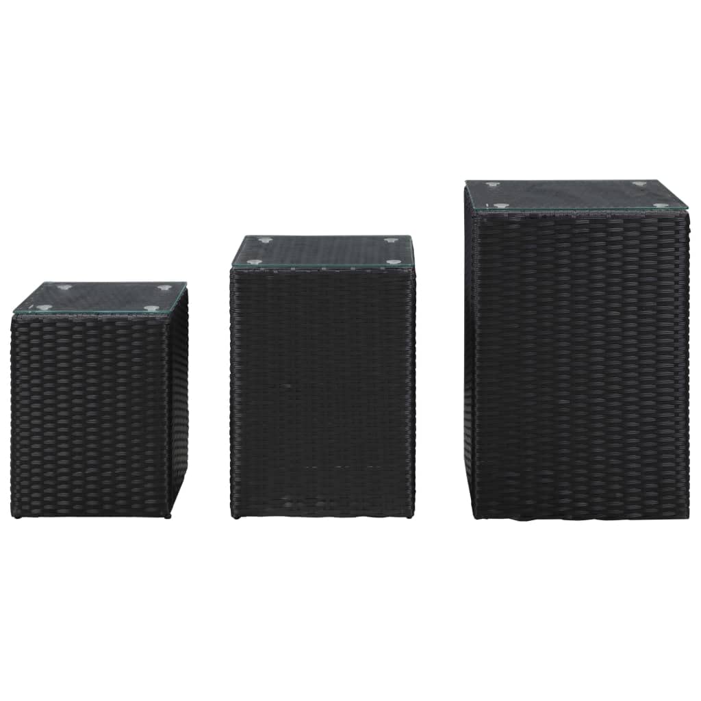 CHARMMA 3-Piece Poly Rattan Side Table Set with Tempered Glass Top - Weather-Resistant Indoor/Outdoor Coffee Table, Console Table, Patio Table - Black 13.8x13.8x20.5 Inches - Perfect for Living Room, Garden, Balcony & Hallway Decor