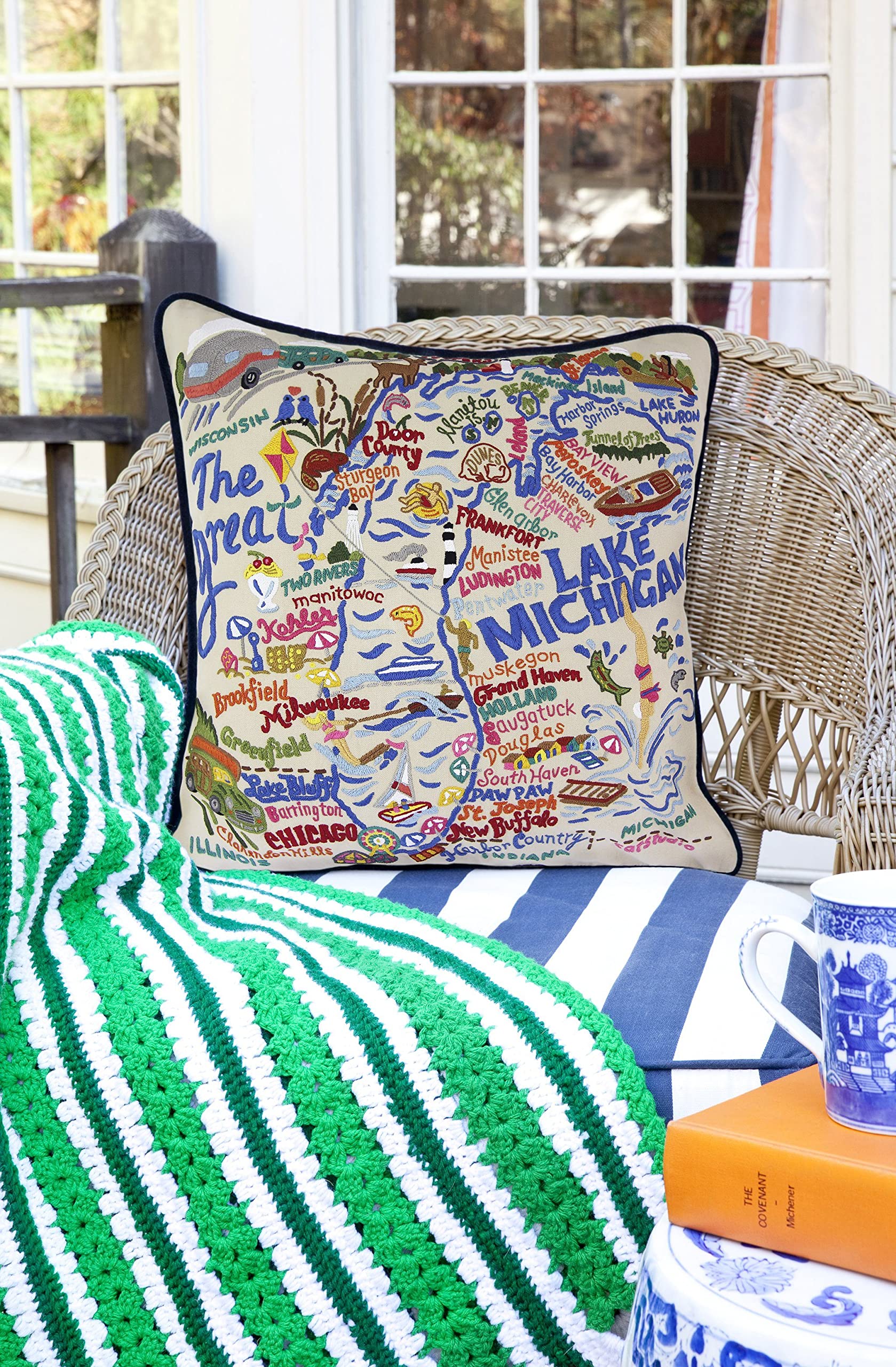 Lake Michigan Embroidered Decorative Throw Pillow - Handmade Home Decor for Couch, Bed & Living Room - Perfect for Coastal & Nautical Themed Interior Design