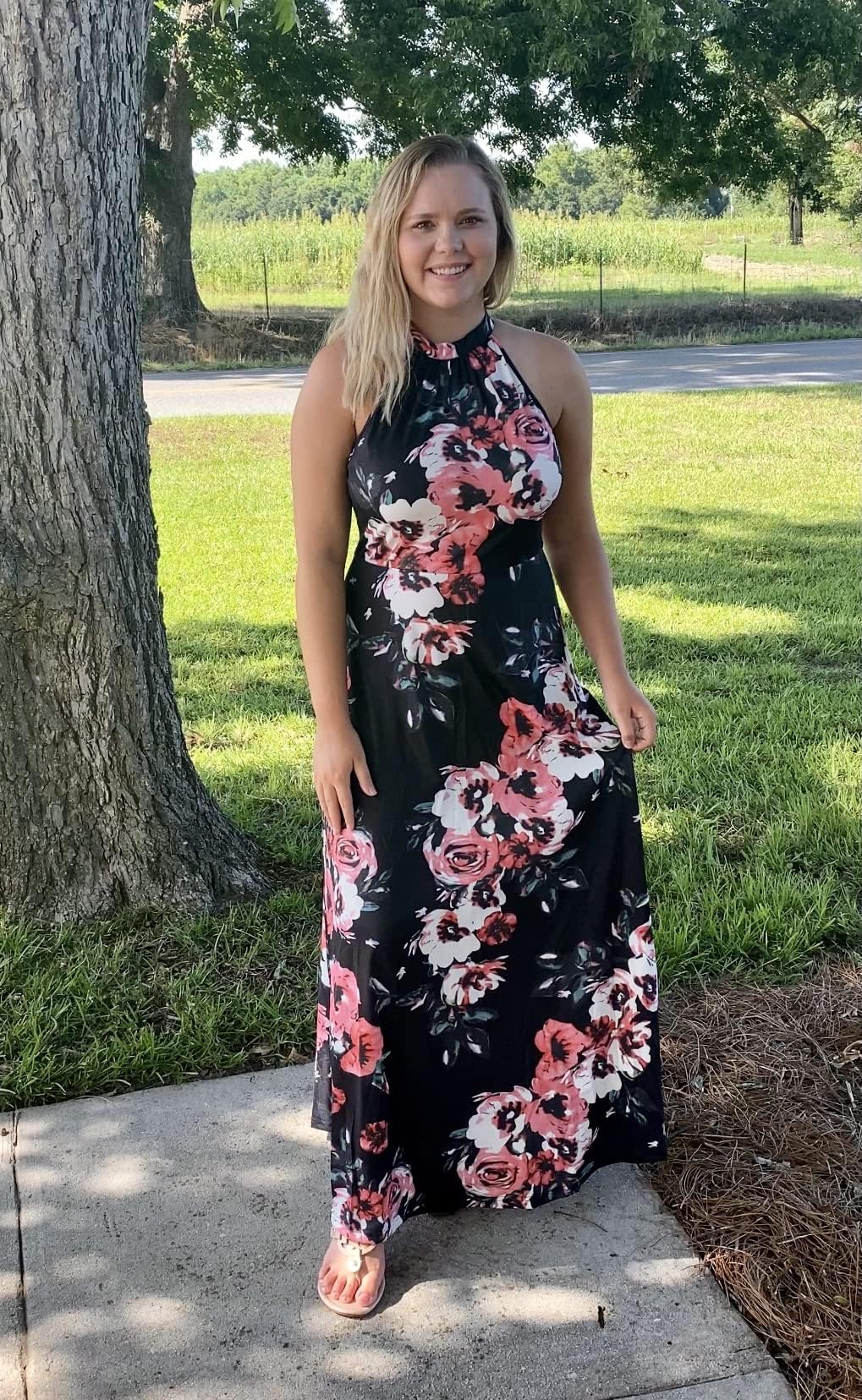 STYLEWORD Women's Floral Halter Neck Maxi Dress - Elegant Summer Wedding Guest Dress, Sexy Party Gown, Long Formal Evening Wear for Beach Vacation & Special Occasions