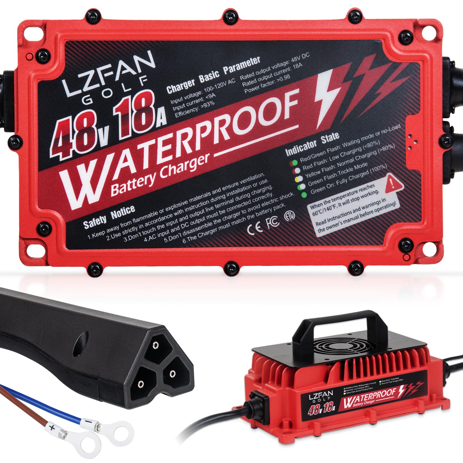 48V Golf Cart Battery Charger 18 AMP with Triangle 3-Pin Plug - Fast Charging, Waterproof & Portable - Compatible with Club Car, EZGO RXV & TXT - Perfect for Golf Courses, Camping & Outdoor Adventures