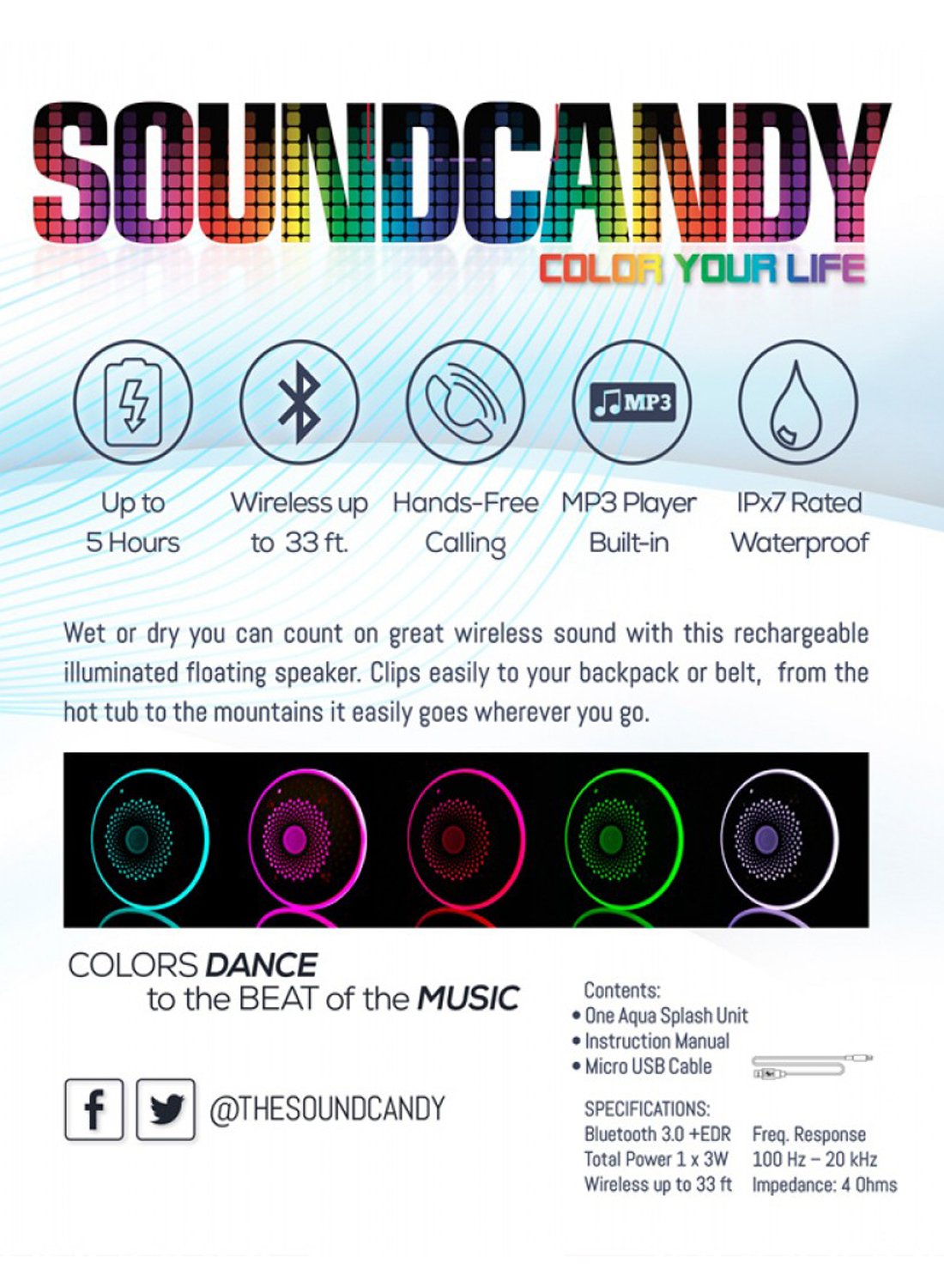 Soundcandy Aqua Splash Waterproof Bluetooth Speaker with Colorful LED Lights - Perfect for Pool Parties, Beach Outings & Outdoor Adventures