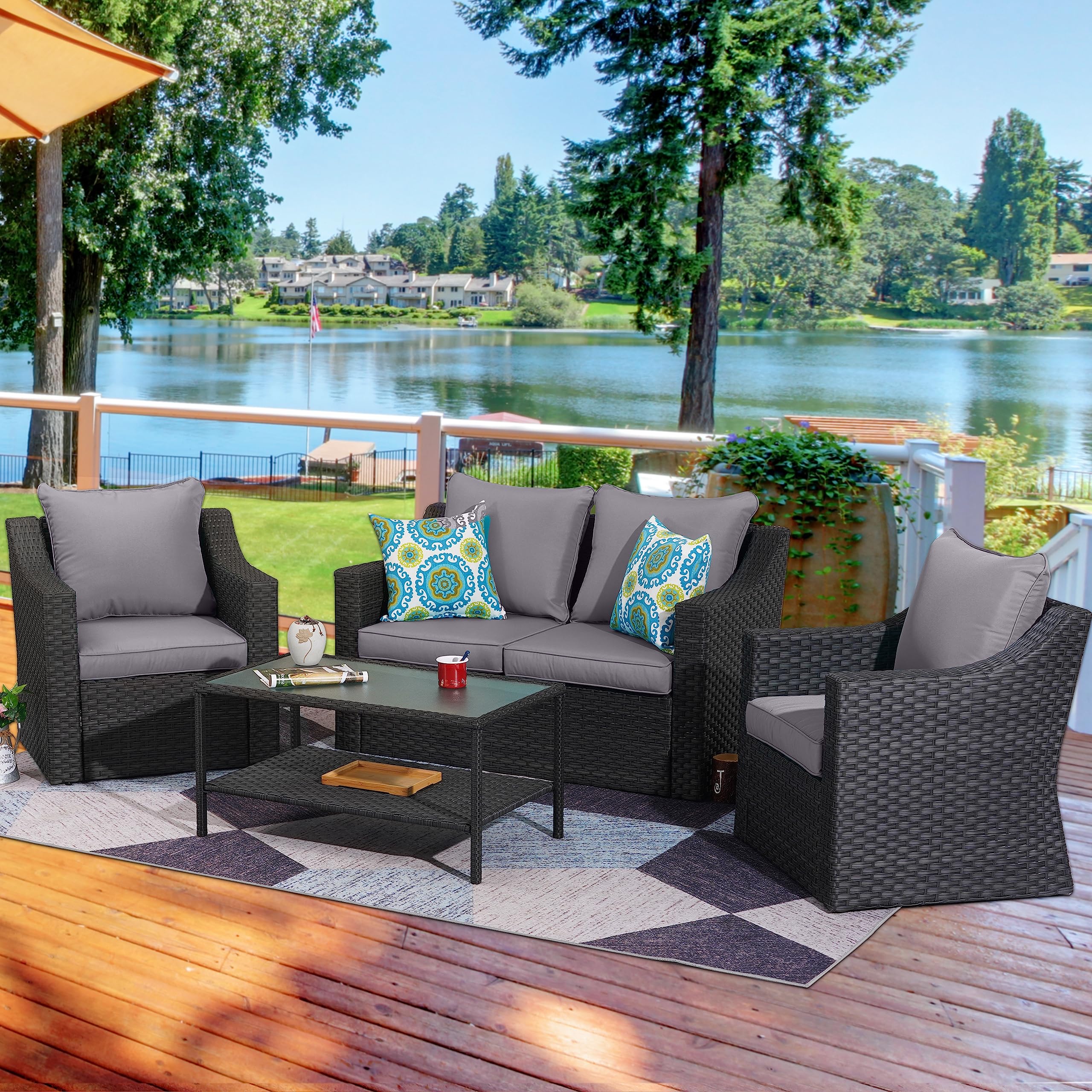 HEYNEMO 4-Piece Outdoor Patio Furniture Set - Black PE Wicker Sectional Sofa with 8 Washable Gray Cushions & Tempered Glass Table - Perfect for Backyard, Garden, Poolside and Patio Relaxation