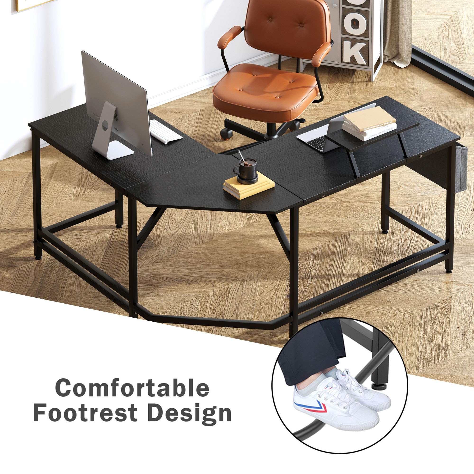 Soges Black L-Shaped Desk with Storage Bag & Monitor Stand - Corner Computer Desk for Home Office, Gaming, Writing & Reading | Space-Saving L-Shaped Workstation for Small Rooms & Apartments