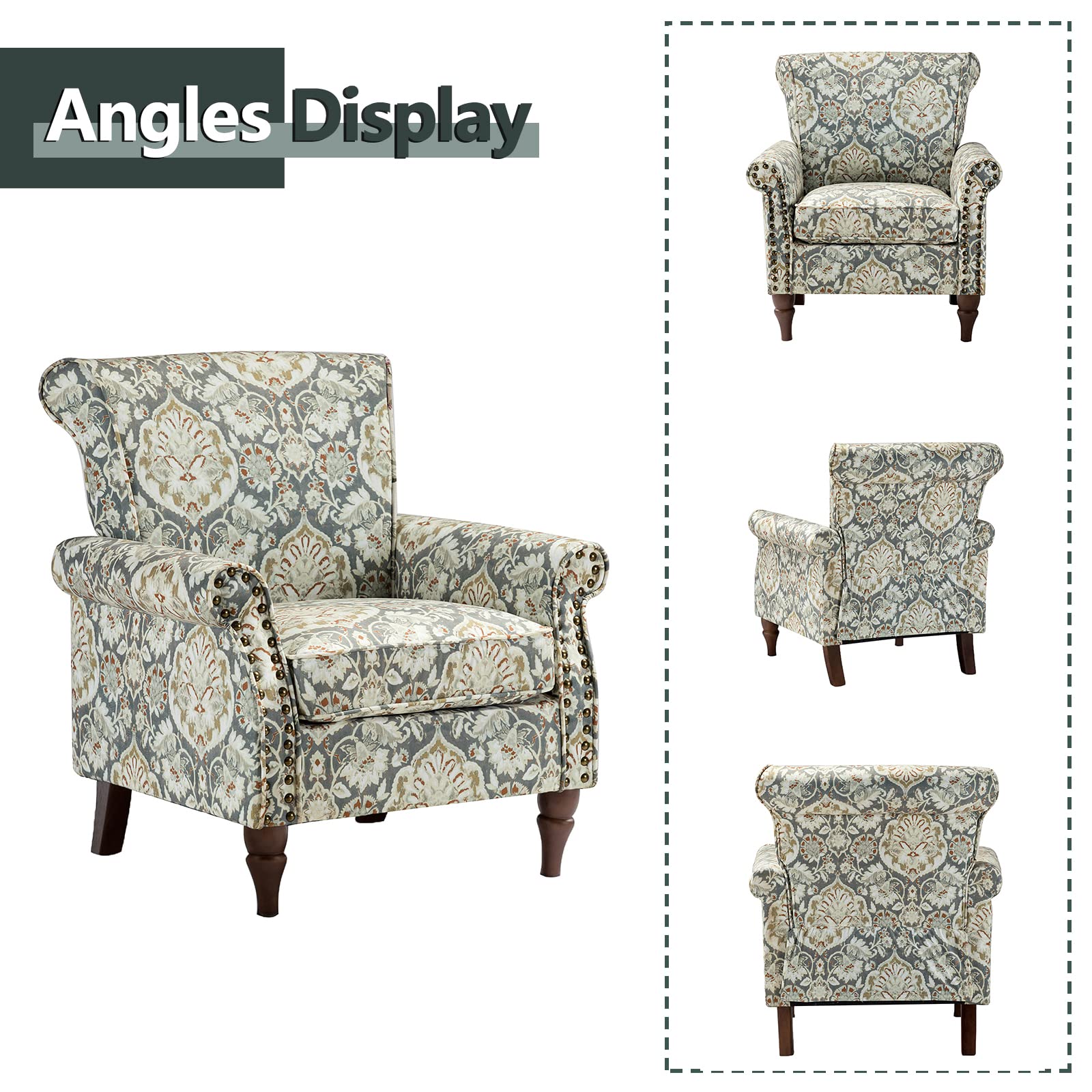 HULALA HOME Modern Wingback Accent Chairs Set of 2 with Wood Legs & Removable Cushion - Comfortable Upholstered Armchairs with Nailhead Trim, Floral Pattern Living Room Bedroom Sofa Chairs (Pine Wood) - Perfect for Cozy Reading Nook, Lounge Area or Guest Seating