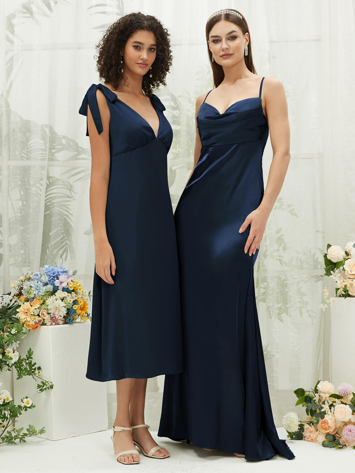 Elegant Dark Navy Satin Cowl Neck Backless Long Bridesmaid Dress with Adjustable Straps - Perfect for Weddings, Formal Events & Evening Parties