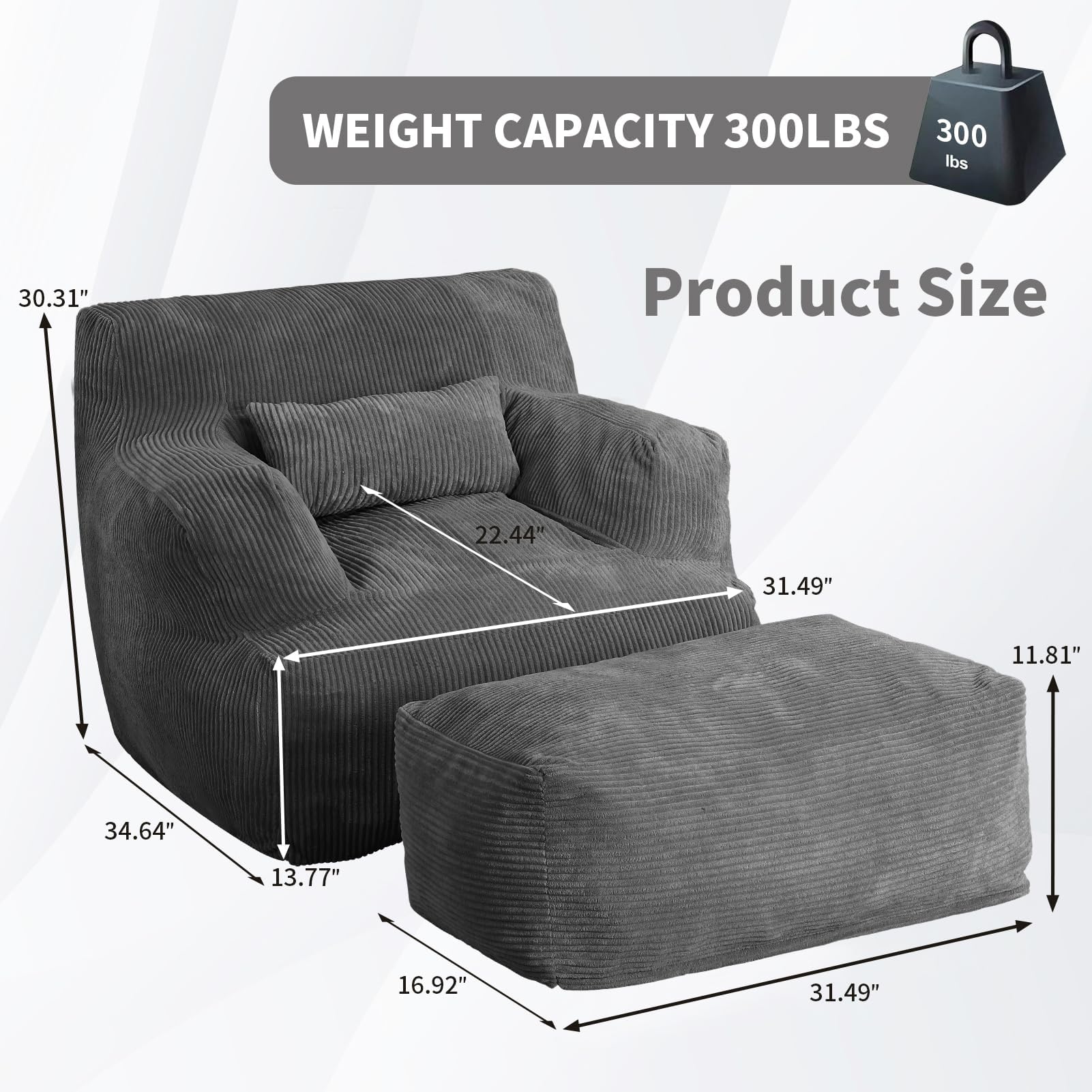 Giant Bean Bag Chair for Adults - Oversized Bean Bag Sofa with Ottoman, Dark Grey - Ultra Comfortable Reading & Lounging Chair for Dorm Room, Living Room, Bedroom & Game Room