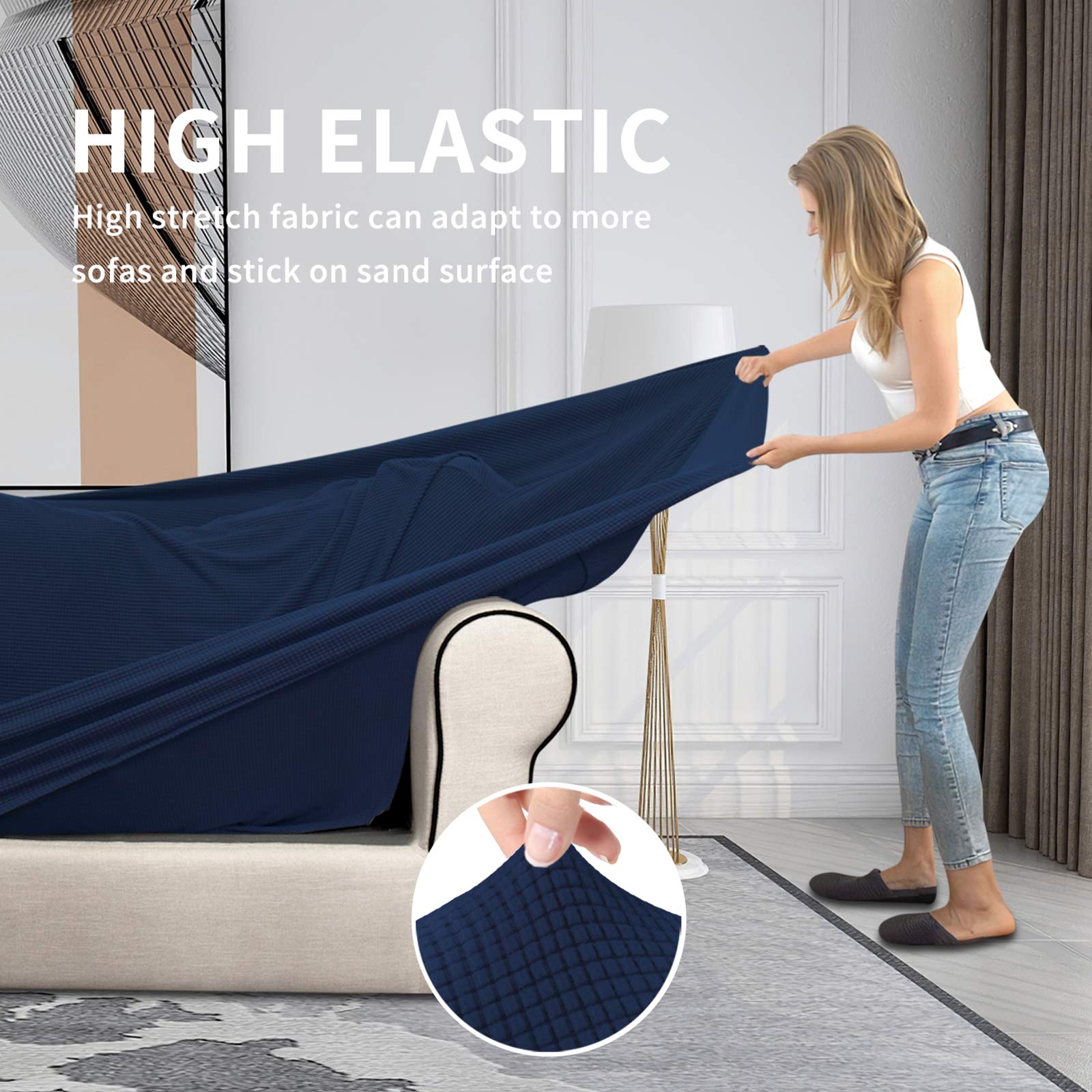 Stretch Sofa Cover for Dogs - 3 Piece Washable Couch Slipcover with Elastic Jacquard Fabric - Furniture Protector for Pets & Kids - Navy Blue Loveseat Size - Perfect for Pet Owners & Family Homes with 2-Cushion Couches