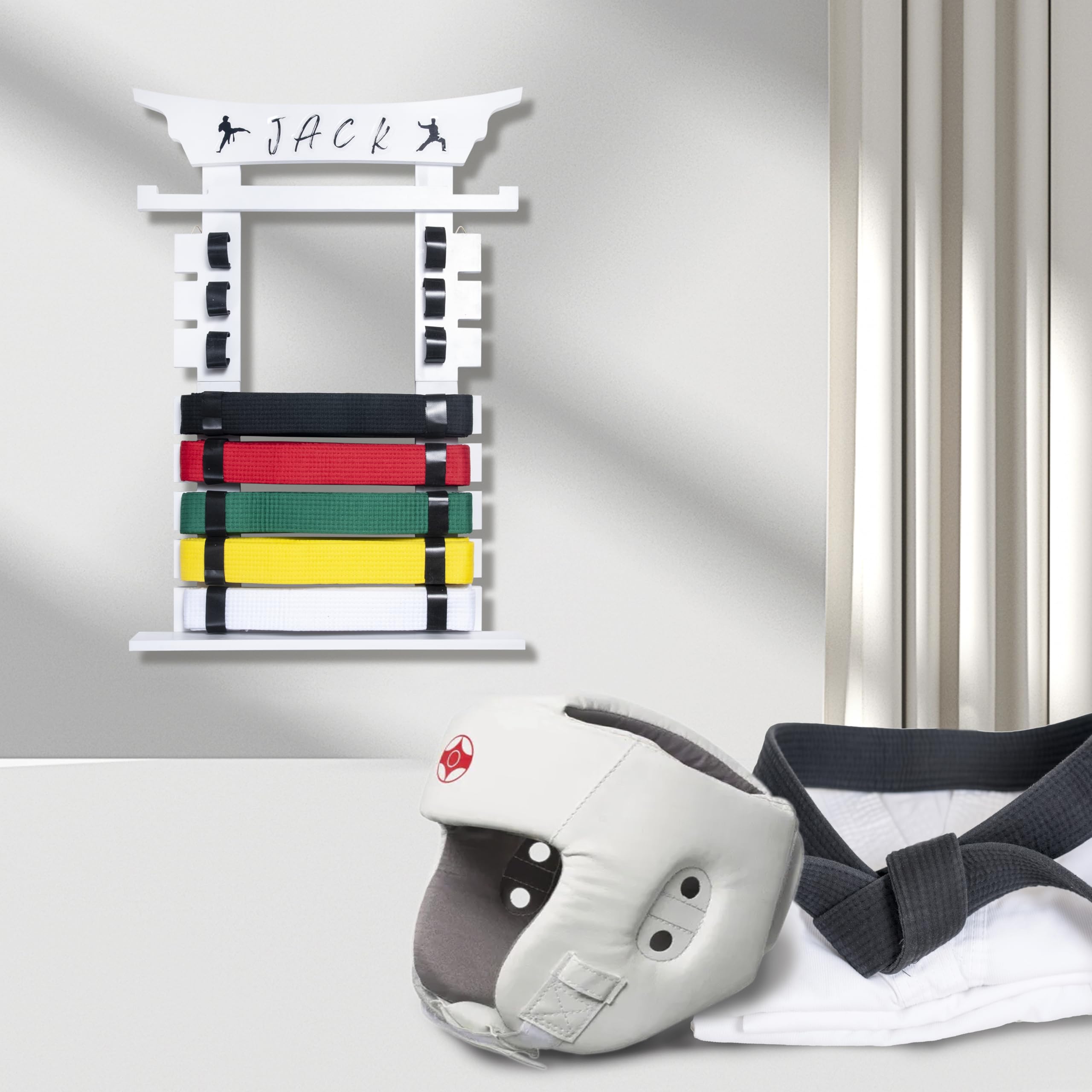 Black Wall Mounted Karate Belt Display Rack with Medal Hanger & Stickers - 8 Belt Taekwondo Holder for Kids & Adults - Perfect for Dojo, Gym & Home Martial Arts Decor