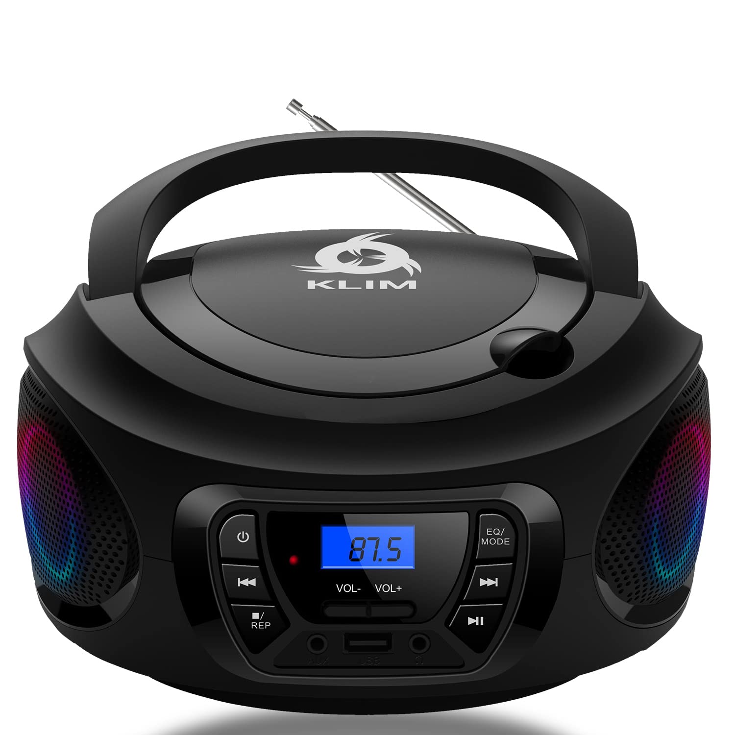 KLIM Boombox Portable CD Player with FM Radio, Bluetooth, MP3, USB, AUX - Rechargeable Battery Included - Wired & Wireless Modes - Compact & Durable - Black | Perfect for Home, Office, Outdoor Parties & Travel