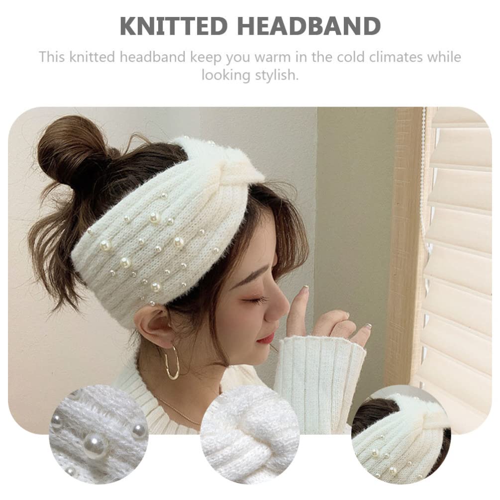 GALPADA Women's Pearl Winter Headband - Fuzzy Crochet Ear Warmer Headband for Women & Girls - Thick Cable Knit Warm Head Wrap for Cold Weather (White) | Perfect for Skiing, Snowboarding & Outdoor Winter Activities