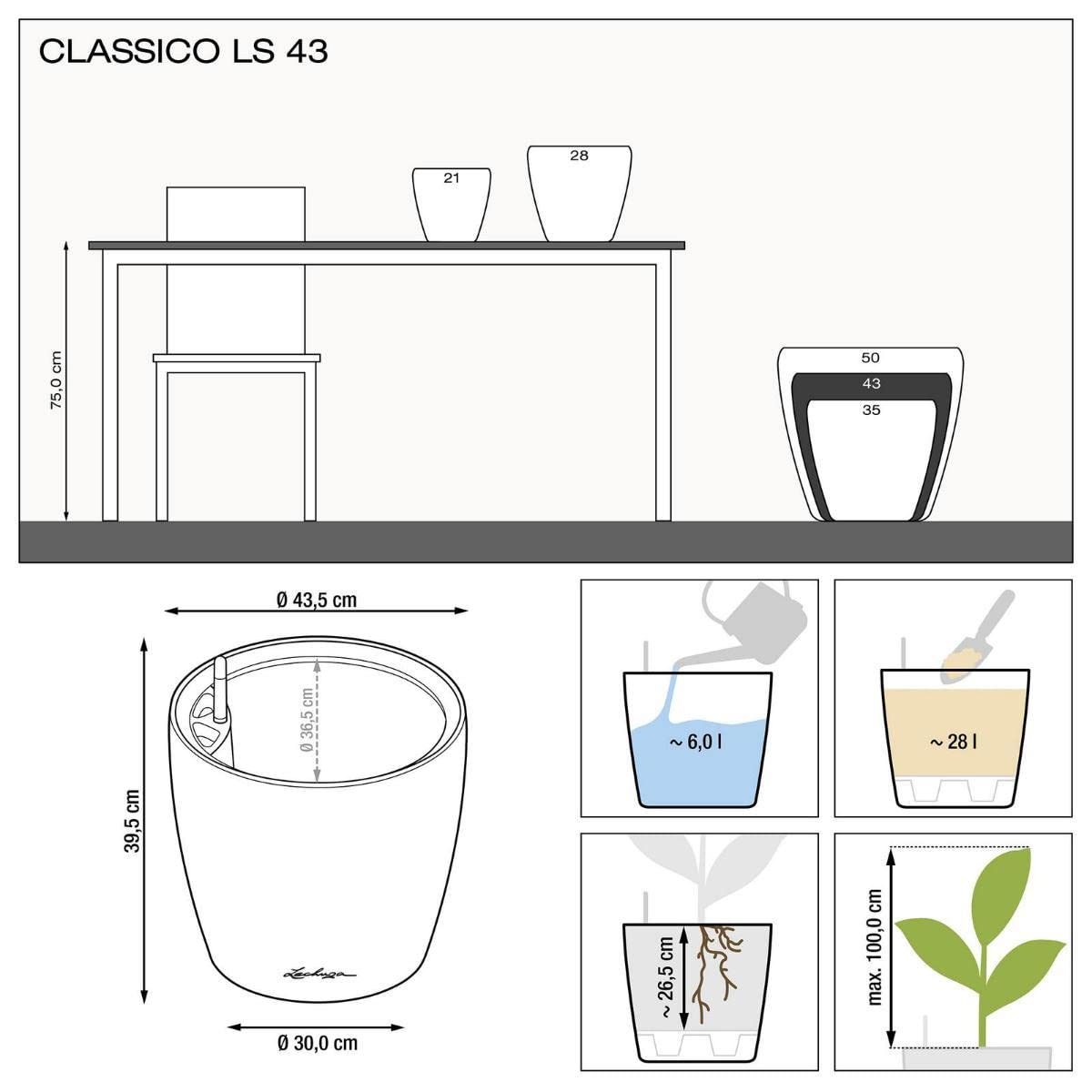 Lechuza Classico Premium LS 43 Taupe High Gloss Self-Watering Planter - Modern Indoor Flower Pot for Home, Office & Garden Decor