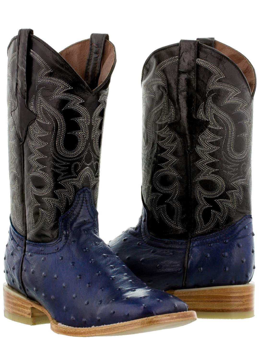 Texas Legacy Men's Blue Western Leather Cowboy Boots with Ostrich Quill Print - Square Toe 7.5 E US - Perfect for Rodeo, Country Dancing & Western Fashion