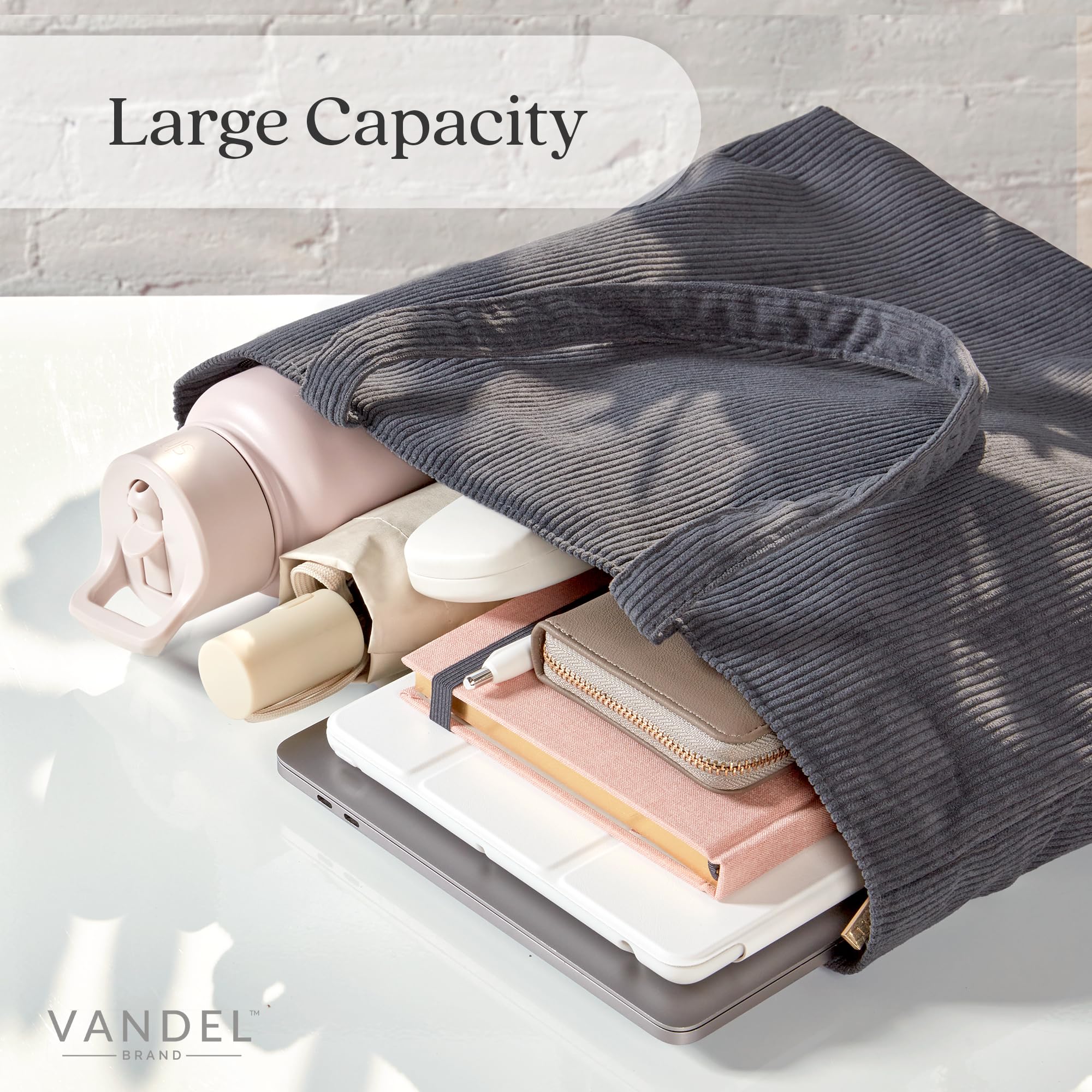VANDEL Corduroy Tote Bag for Women & Men - Zippered Closure with Inner Pockets - Stylish School & Work Bag - Perfect for College, Office & Travel Accessories