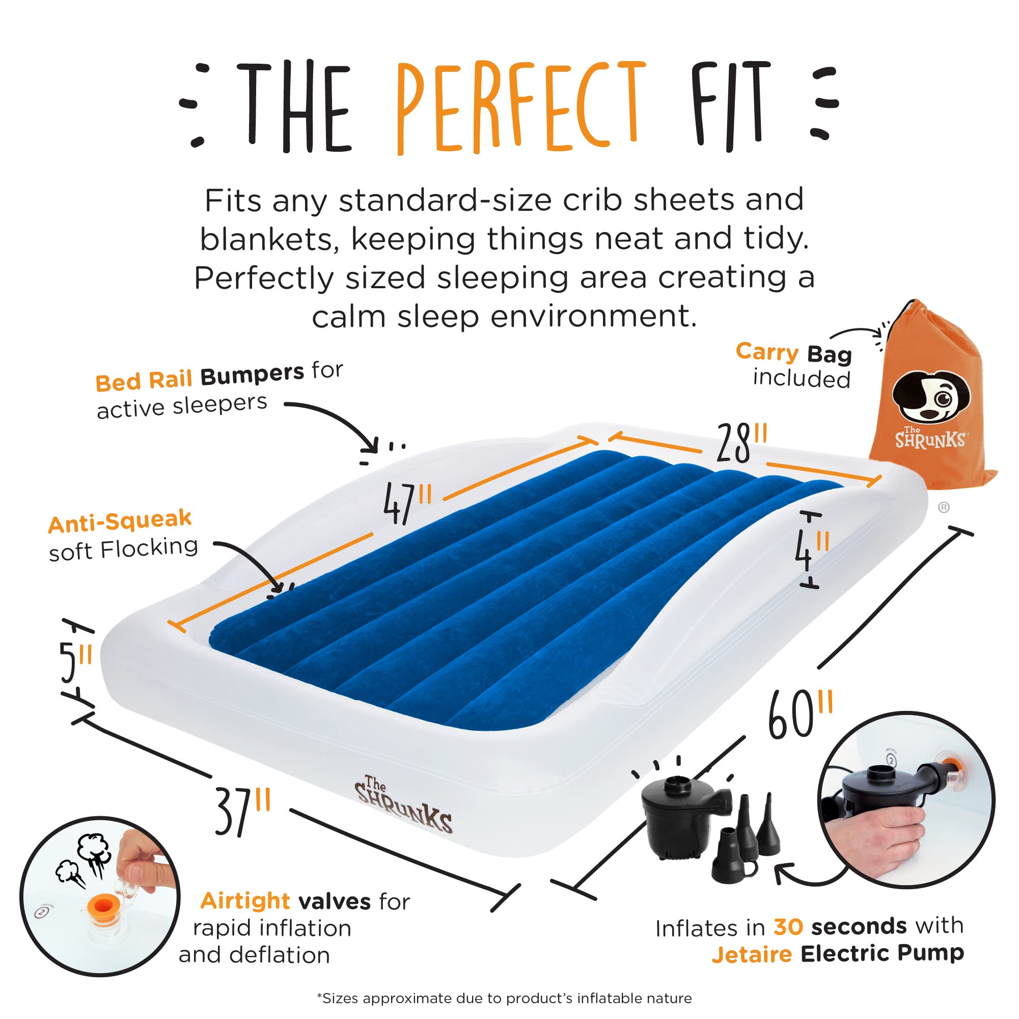 Portable Inflatable Toddler Travel Air Mattress with Side Rails & Electric Pump - Lightweight Kids Floor Bed for Camping, Hotels, Home & Outdoor Use | Perfect for Sleepovers, Road Trips & Backyard Adventures (Blue)
