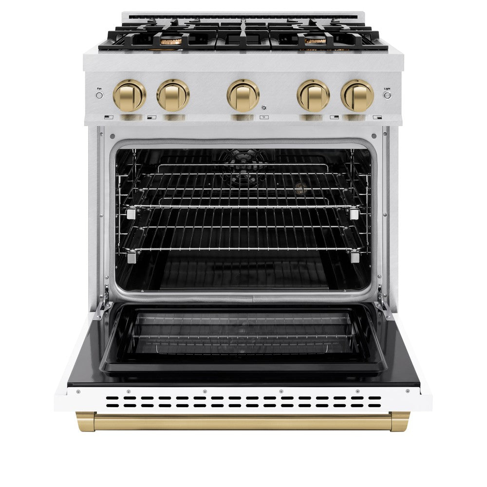 ZLINE Autograph Edition 30-inch 4.2 cu. ft. Dual Fuel Range with 4-Burner Gas Cooktop & Electric Convection Oven - Satin Stainless Steel, White Matte Door & Champagne Bronze Accents (HDRSZ WM 30 CB) - Perfect for Modern Kitchens, Home Chefs & Gourmet Cooking