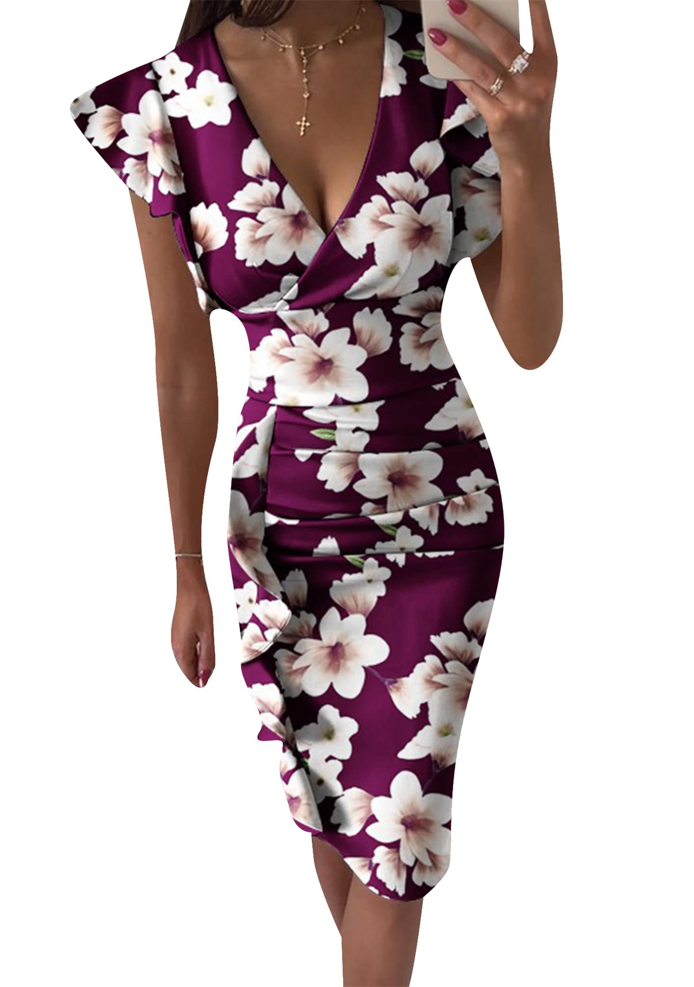 OMZIN Women's Floral Print Cocktail Dress - Deep V Neck Ruffle Sleeves Formal Pencil Dress for Party, Wedding & Evening Events | Elegant Summer Office Wear & Special Occasion Outfit