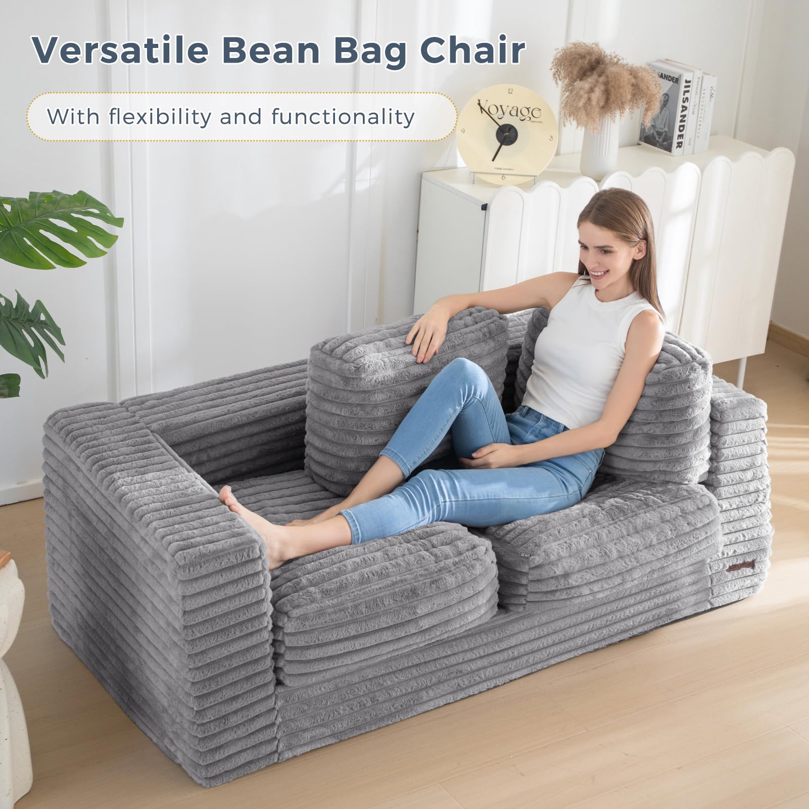 MAXYOYO Striped Faux Fur Bean Bag Chair - 2-Seater Floor Sofa with Pillows & Armrests | Cozy Living Room Seating for Teens & Adults | Perfect for Gaming, Movie Nights & Relaxation