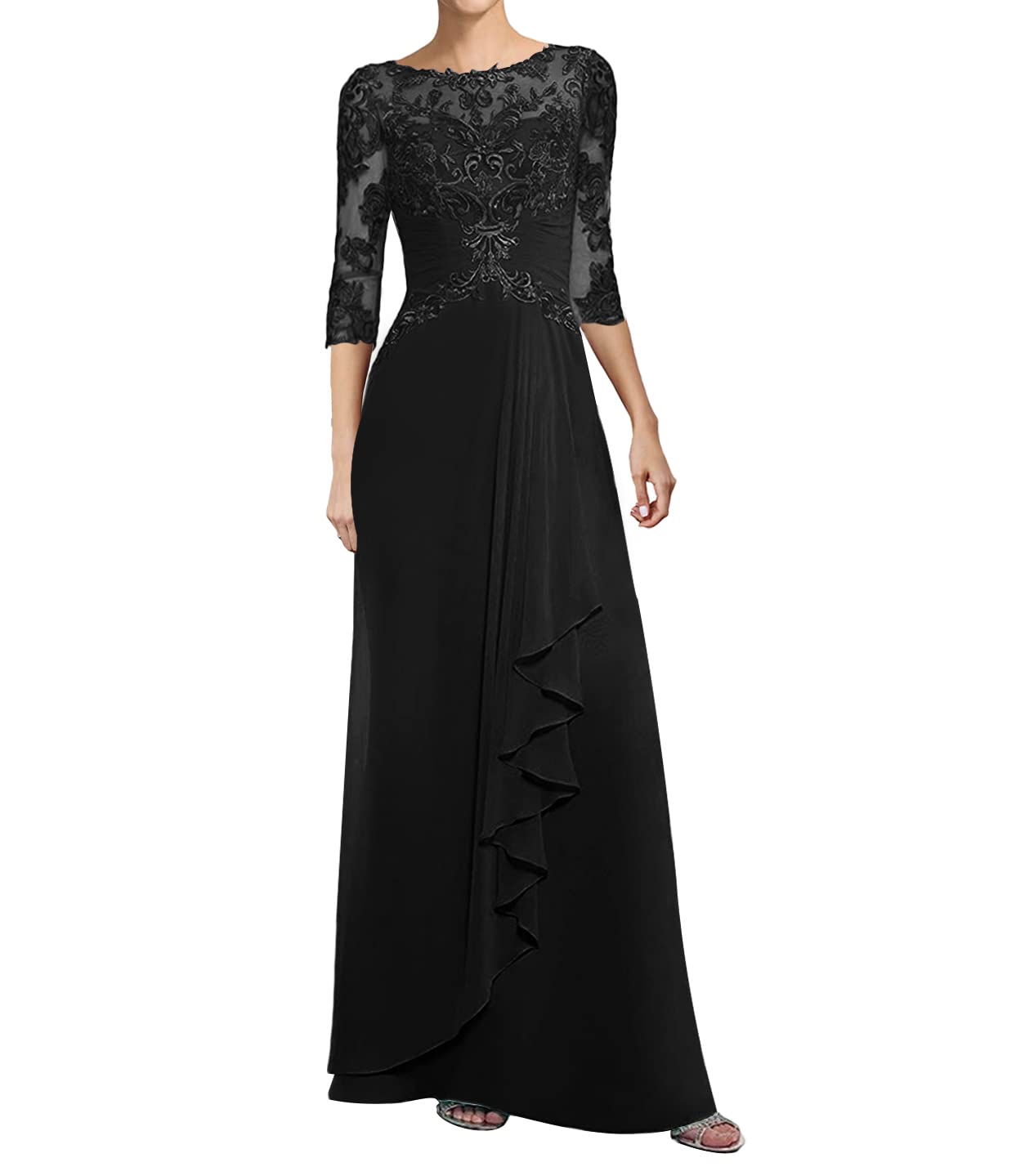 Elegant Mother of The Bride Dresses - Long Formal Evening Gown with Lace Applique & Beaded Ruffles, 3/4 Sleeve Wedding Guest Dress for Women | Perfect for Weddings, Galas & Special Occasions
