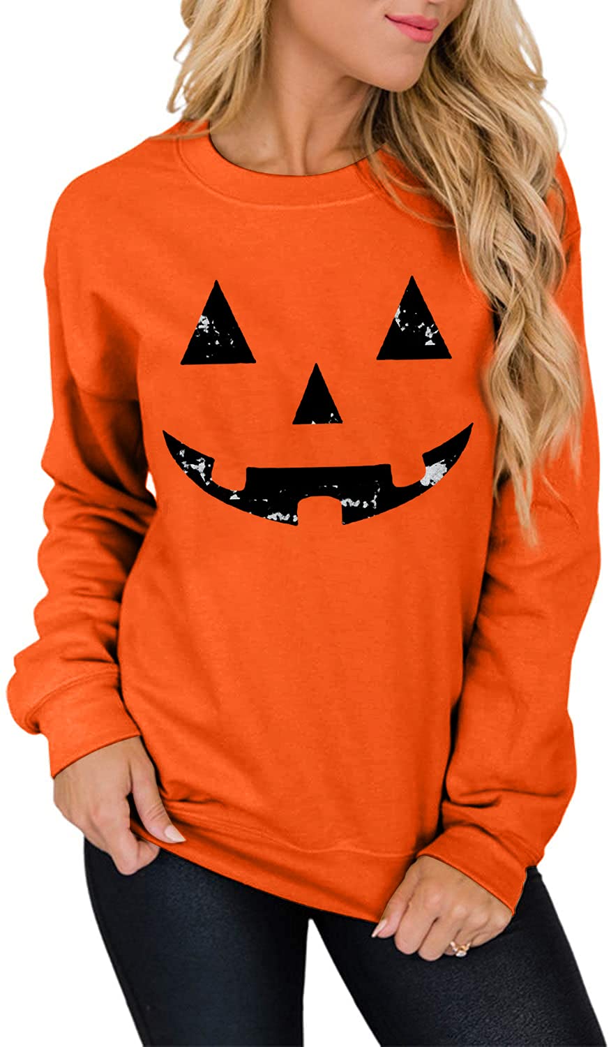 Cute Pumpkin Face Halloween Sweatshirt for Women - Fall Long Sleeve Blouse for Pumpkin Patch, Halloween Parties & Cozy Autumn Outfits