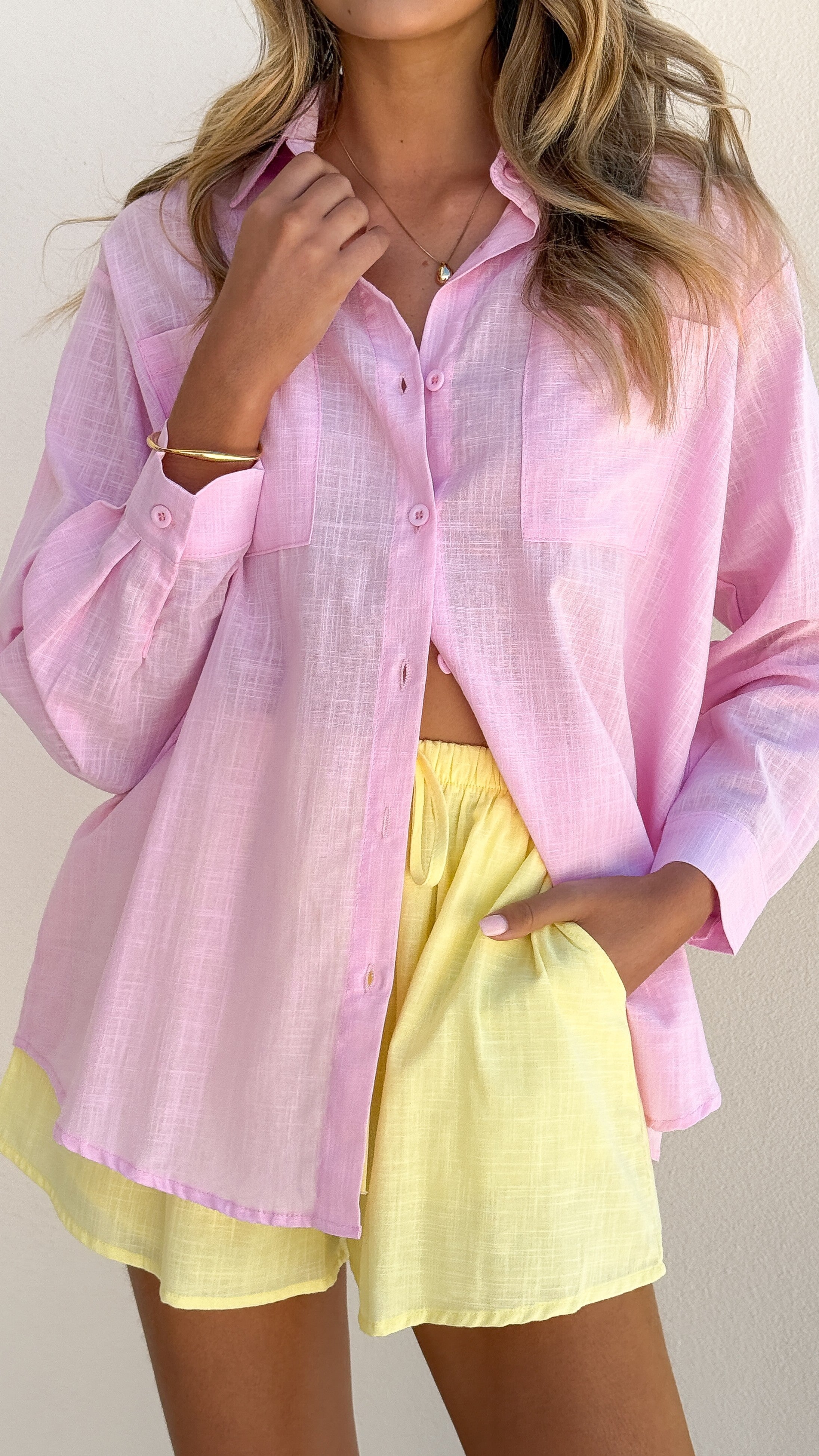 Jamie Long Sleeve Top and Shorts Set for Women - Soft Cotton Loungewear in Pink & Yellow - Perfect for Yoga, Sleepwear and Casual Outfits