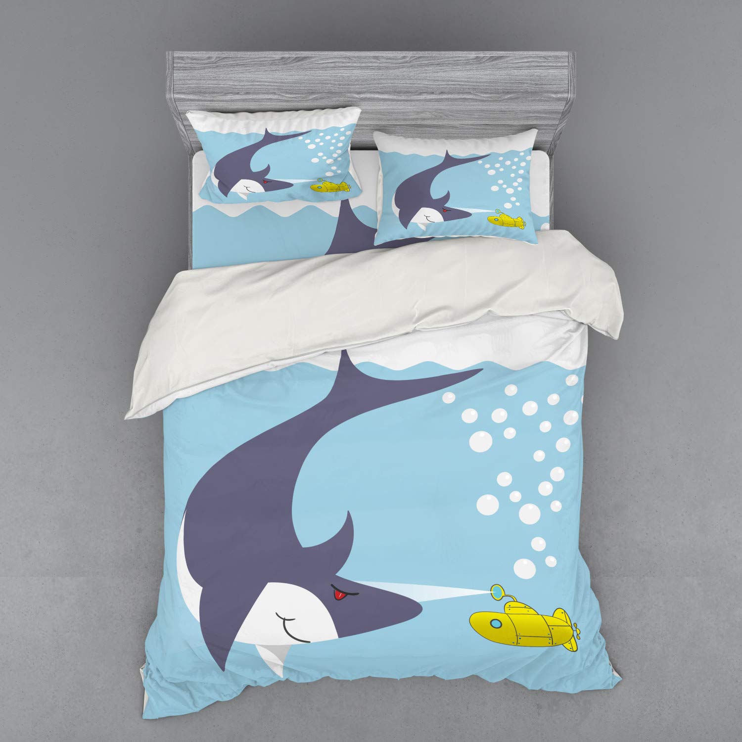 Ambesonne Yellow Submarine Duvet Cover Set - Shark & Vessel Ocean Bubbles Underwater Theme Cartoon Bedding - 4 Piece Queen Size Set with Shams & Fitted Sheet in Blue Grey Yellow - Perfect for Kids' Rooms, Nautical Themed Bedrooms & Beatles Fans