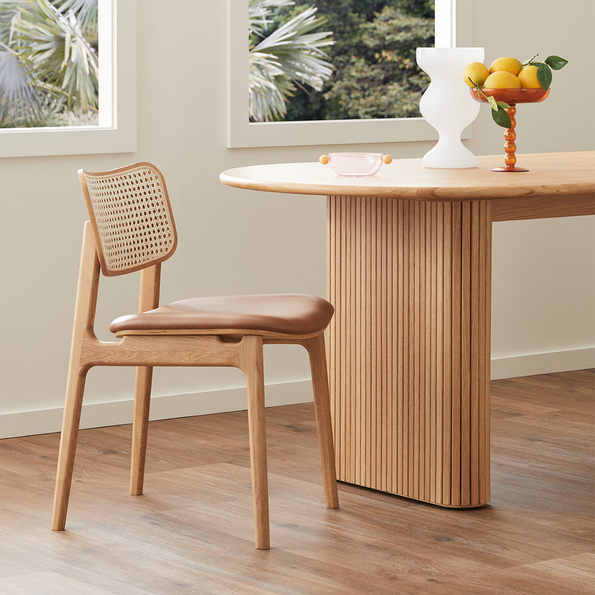 Premium Rattan & Leather Dining Chair - Modern Boho Style for Kitchen, Dining Room, or Patio - Comfortable & Durable Seating Solution